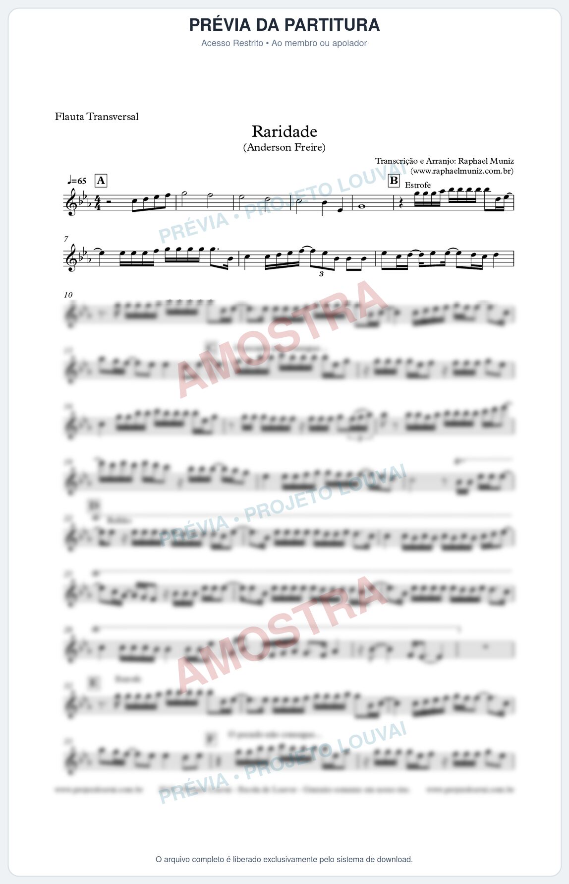 Prévia protegida da primeira página da partitura Partitura para Flauta Transversal - Raridade - Anderson Freire
