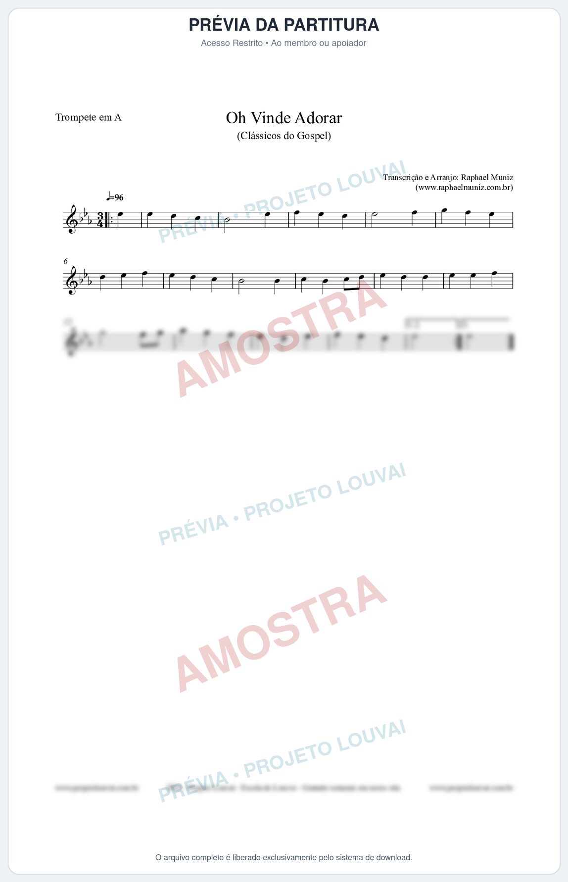Prévia protegida da primeira página da partitura Partitura para Trompete em A - Oh Vinde Adorar - HCC nº1 - Clássicos do Gospel
