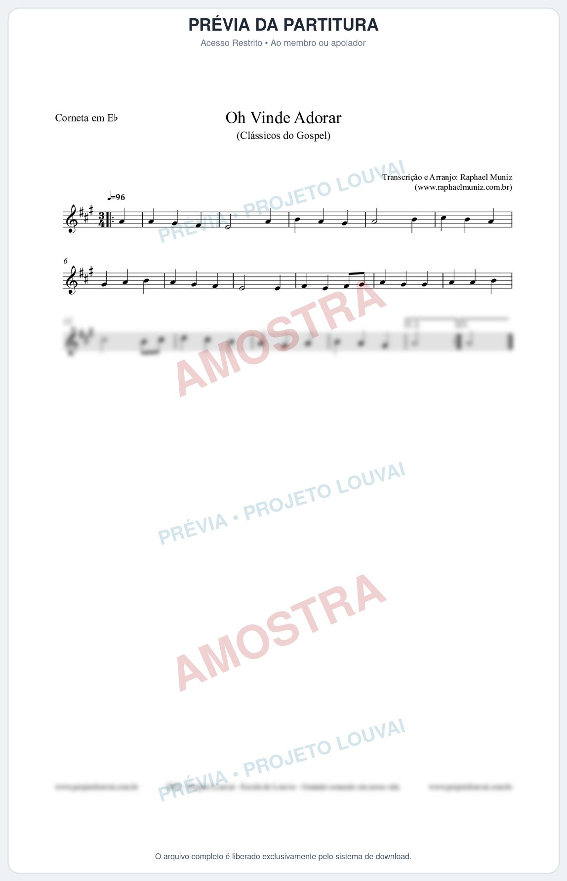 Prévia protegida da primeira página da partitura Partitura para Corneta em Eb - Oh Vinde Adorar - HCC nº1 - Clássicos do Gospel
