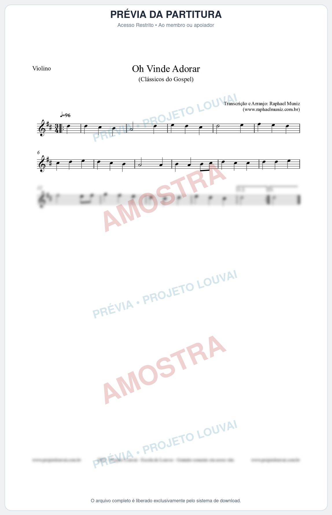 Prévia protegida da primeira página da partitura Partitura para Violino - Oh Vinde Adorar - HCC nº1 - Clássicos do Gospel