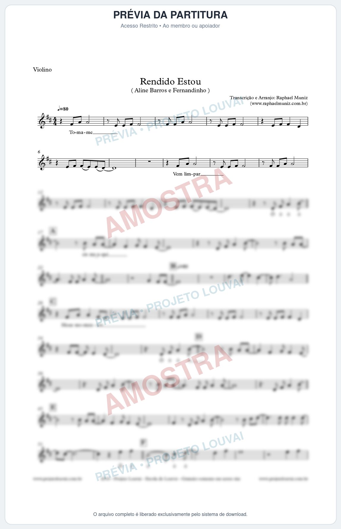 Prévia protegida da primeira página da partitura Partitura para Violino - Rendido Estou - Aline Barros e Fernandinho