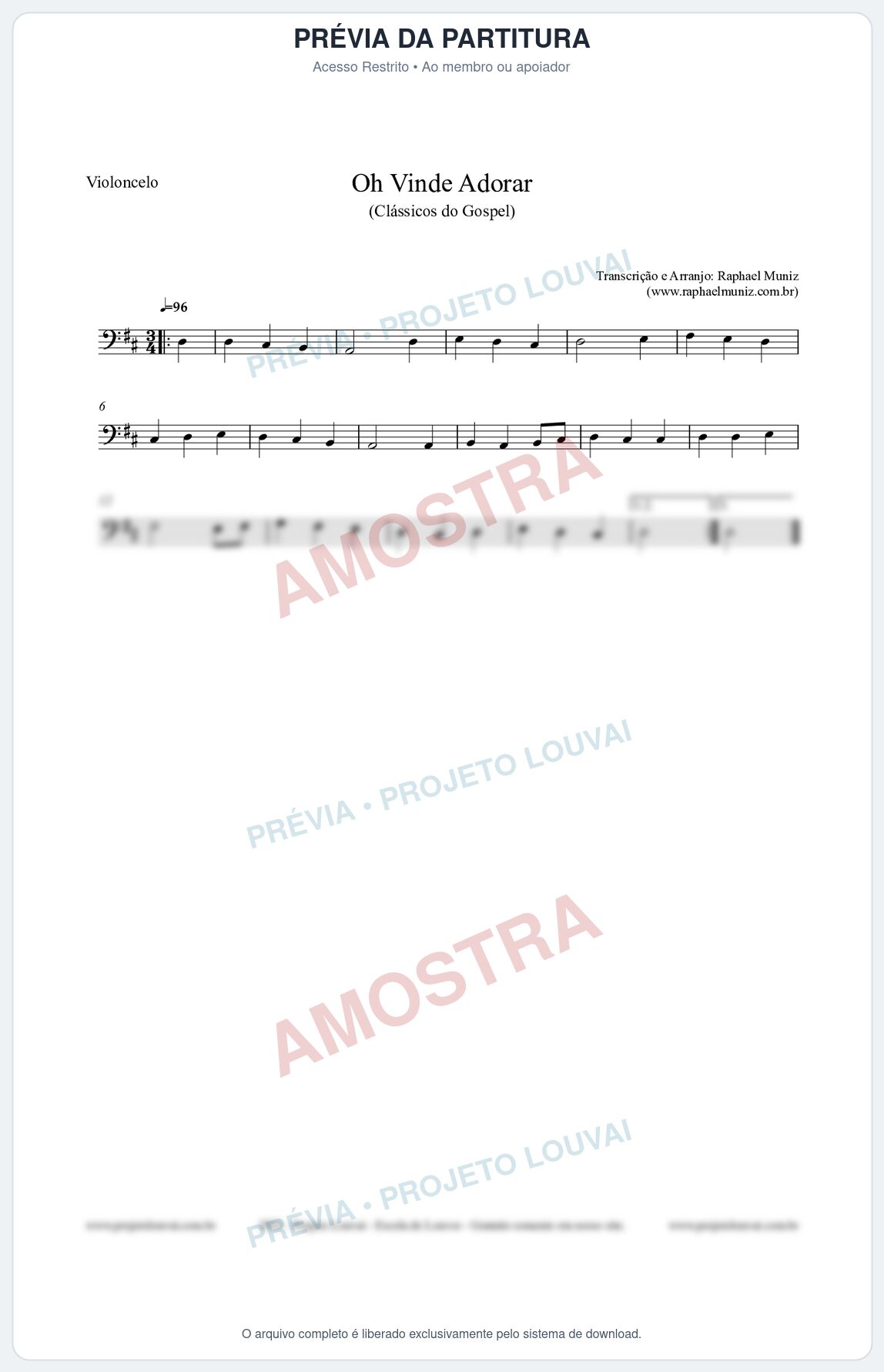 Prévia protegida da primeira página da partitura Partitura para Violoncelo - Oh Vinde Adorar - HCC nº1 - Clássicos do Gospel