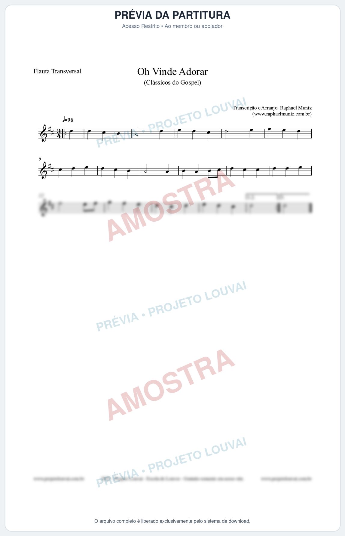 Prévia protegida da primeira página da partitura Partitura para Flauta Transversal - Oh Vinde Adorar - HCC nº1 - Clássicos do Gospel