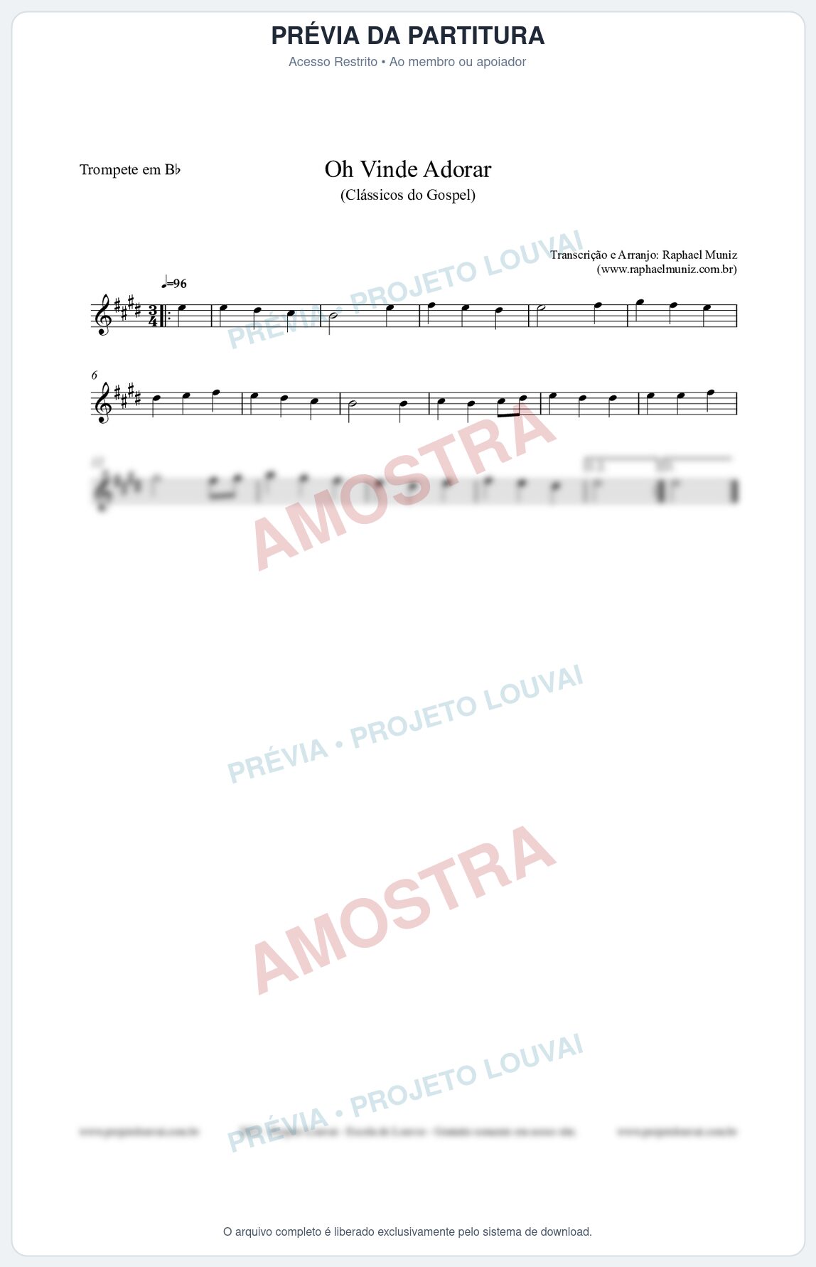 Prévia protegida da primeira página da partitura Partitura para Trompete em Bb - Oh Vinde Adorar - HCC nº1 - Clássicos do Gospel