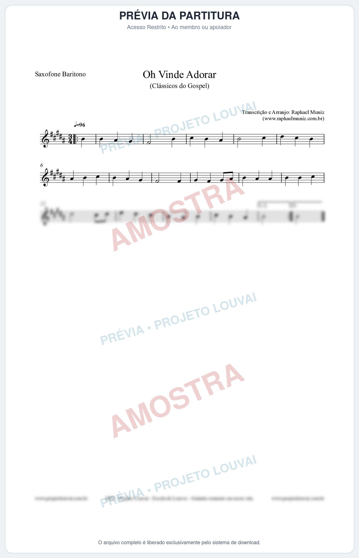 Prévia protegida da primeira página da partitura Partitura para Saxofone Barítono - Oh Vinde Adorar - HCC nº1 - Clássicos do Gospel
