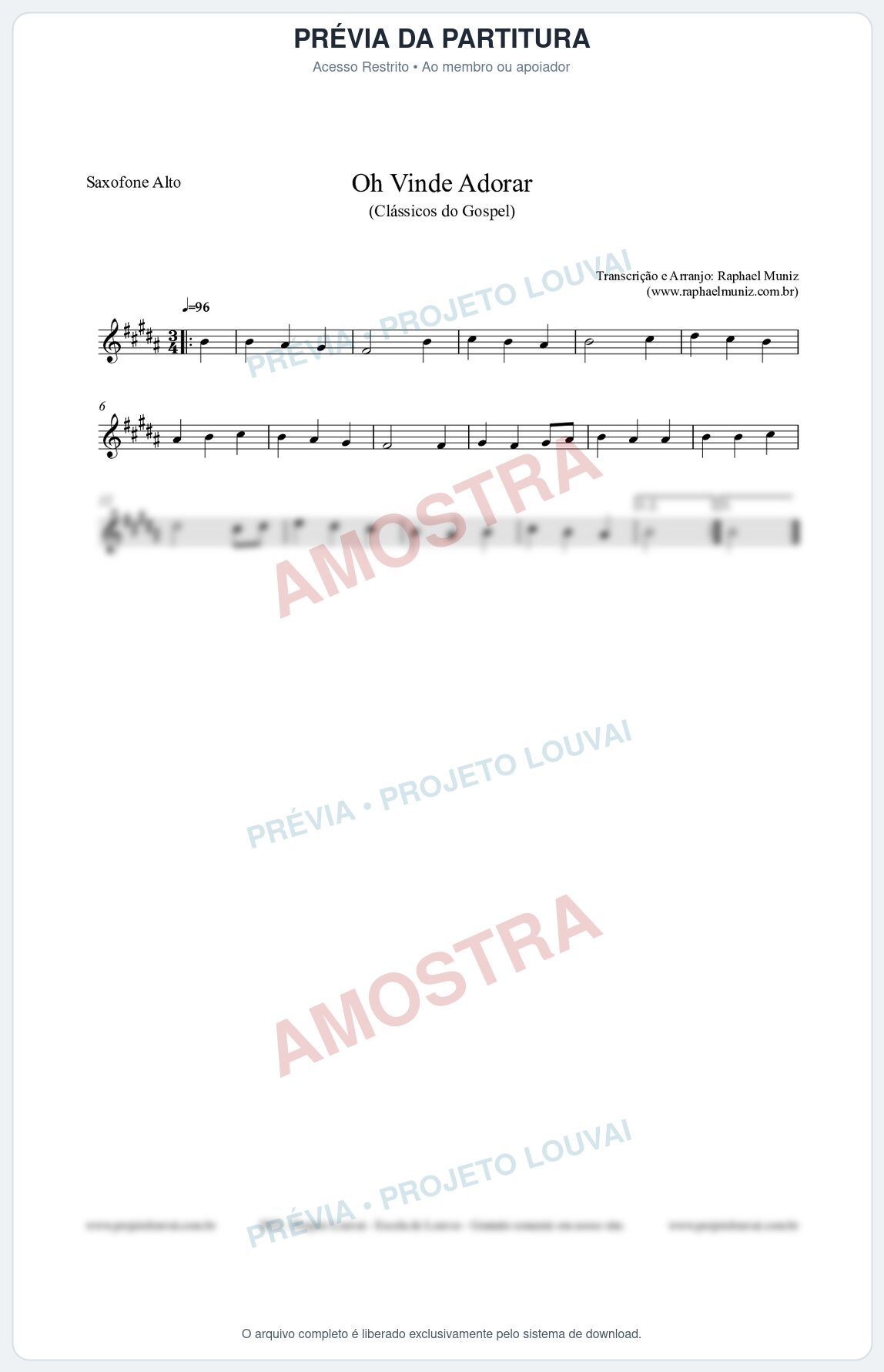 Prévia protegida da primeira página da partitura Partitura para Saxofone Alto - Oh Vinde Adorar - HCC nº1 - Clássicos do Gospel