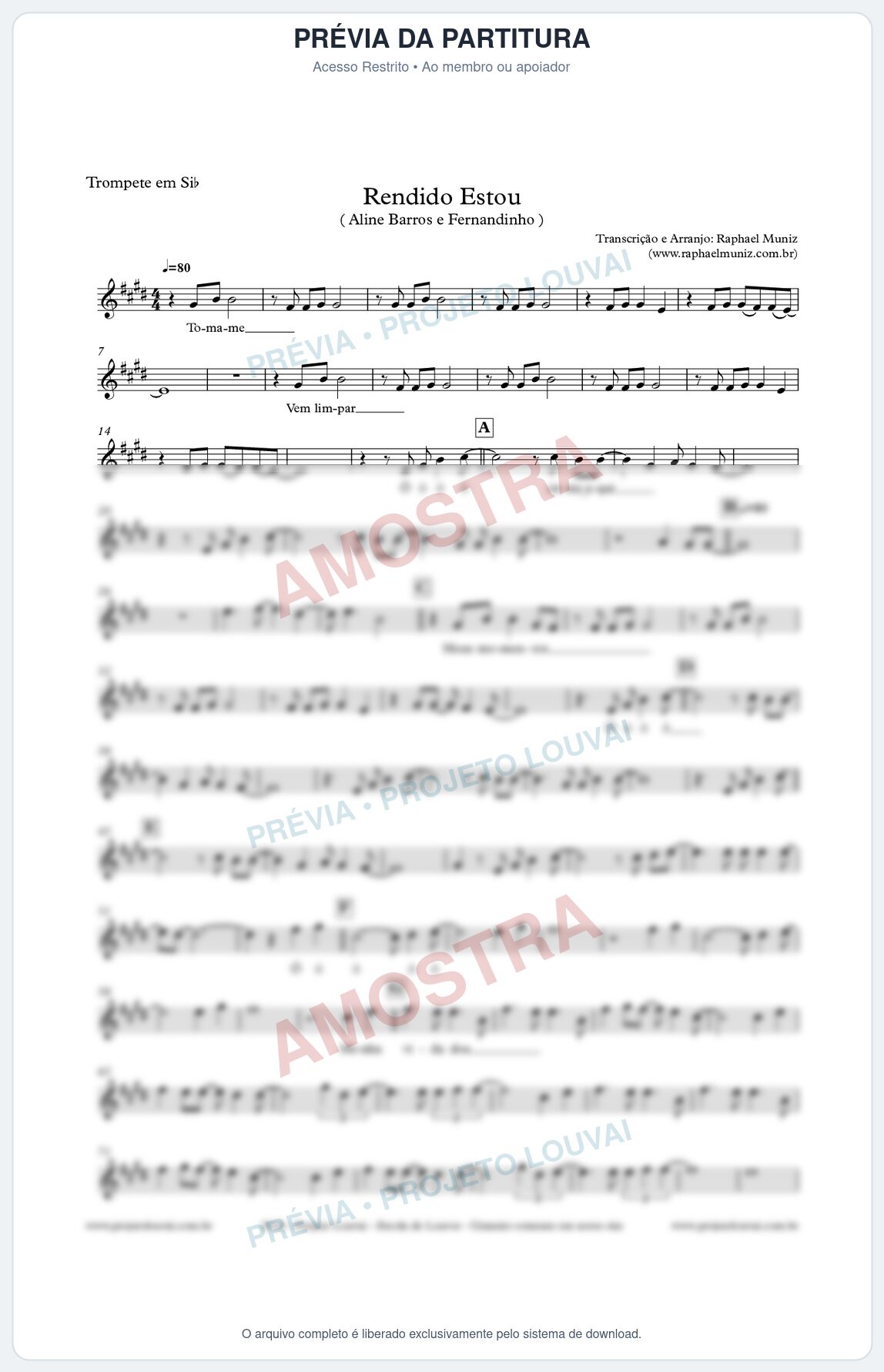 Prévia protegida da primeira página da partitura Partitura para Trompete - Rendido Estou - Aline Barros e Fernandinho