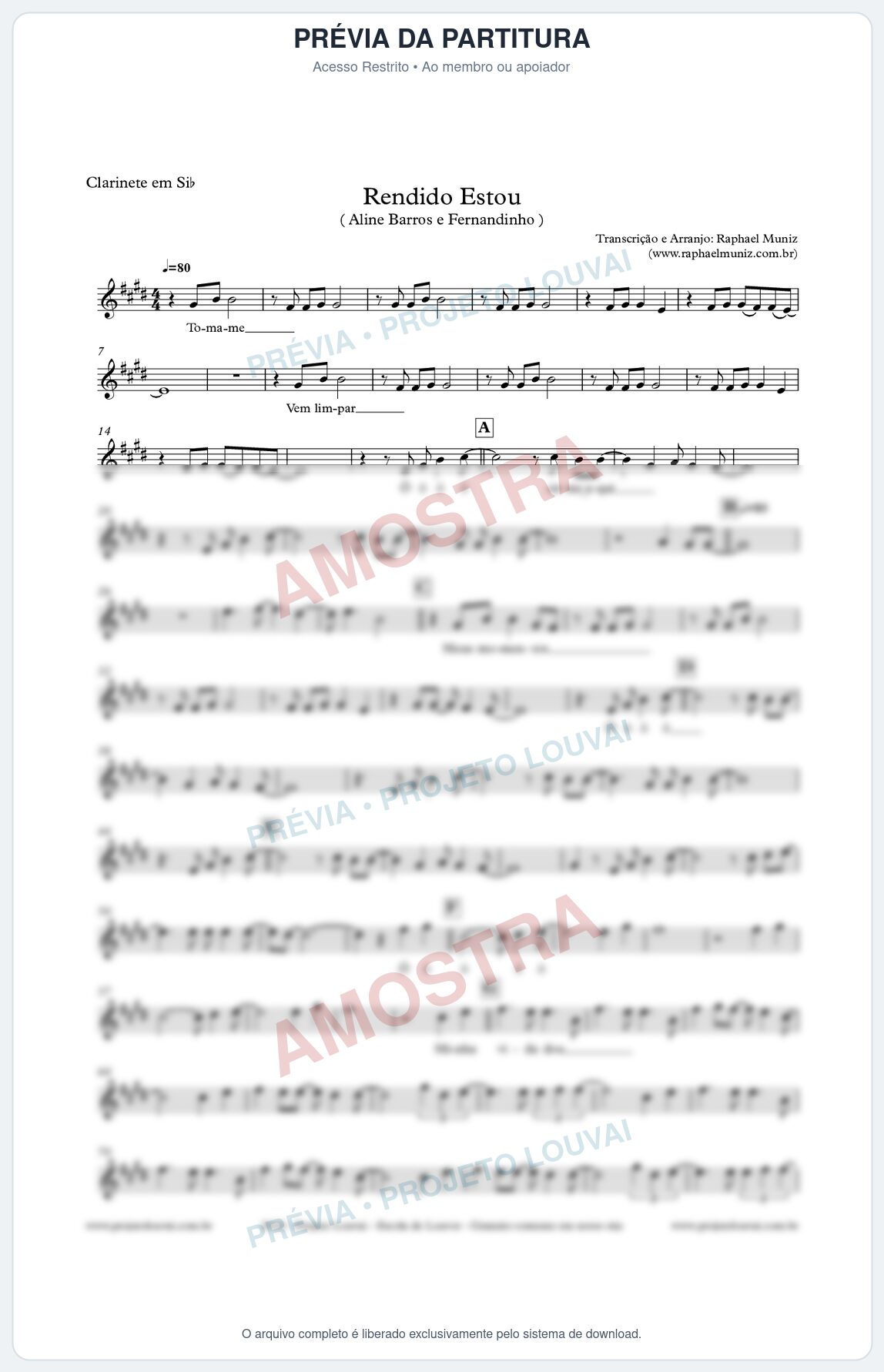 Prévia protegida da primeira página da partitura Partitura para Clarinete - Rendido Estou - Aline Barros e Fernandinho