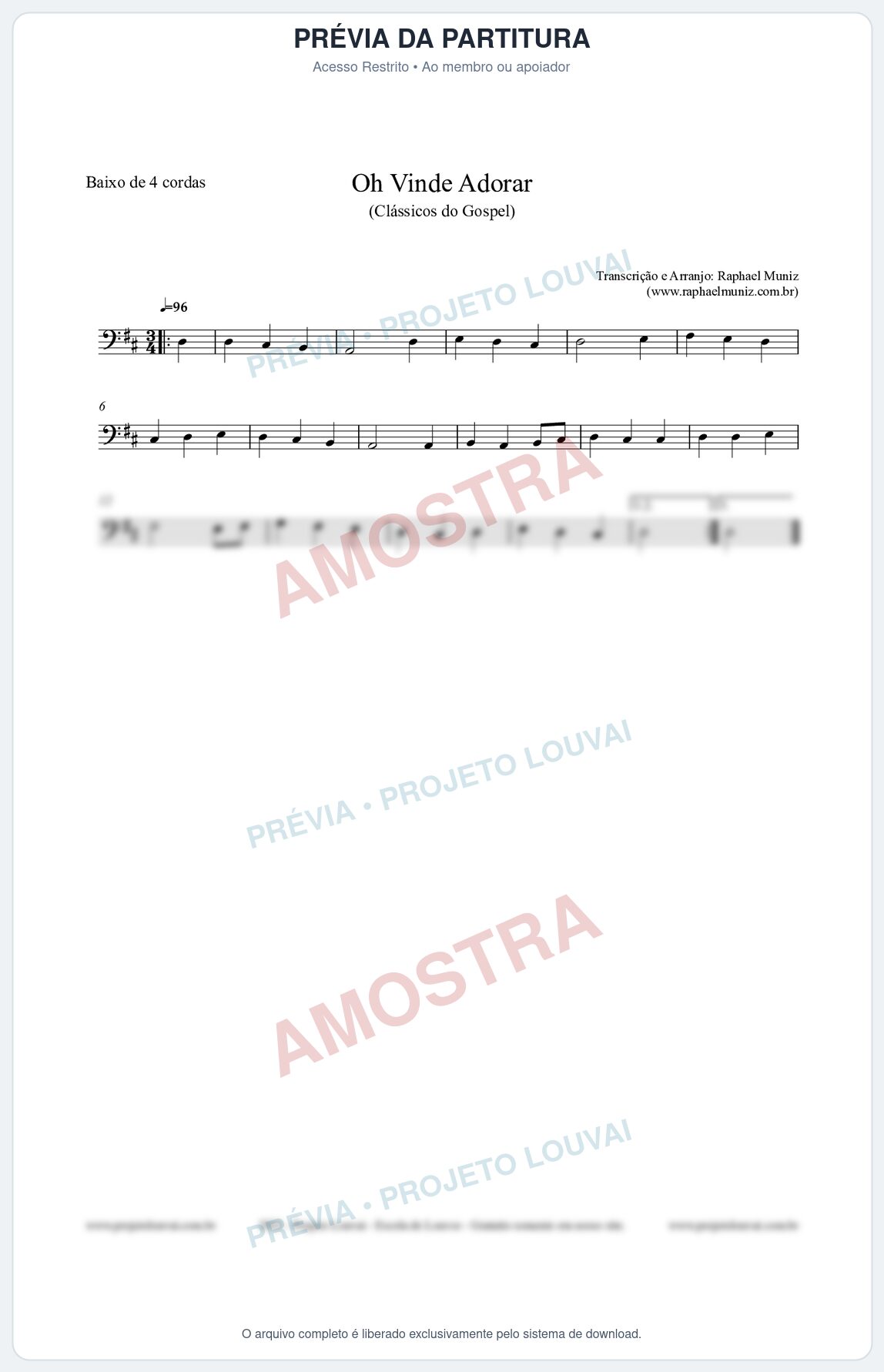 Prévia protegida da primeira página da partitura Partitura para Baixo de 4 cordas - Oh Vinde Adorar - HCC nº1 - Clássicos do Gospel
