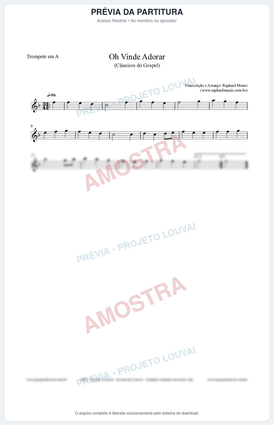 Prévia protegida da primeira página da partitura Partitura para Trompete em A - Oh Vinde Adorar - HCC nº1 - Clássicos do Gospel