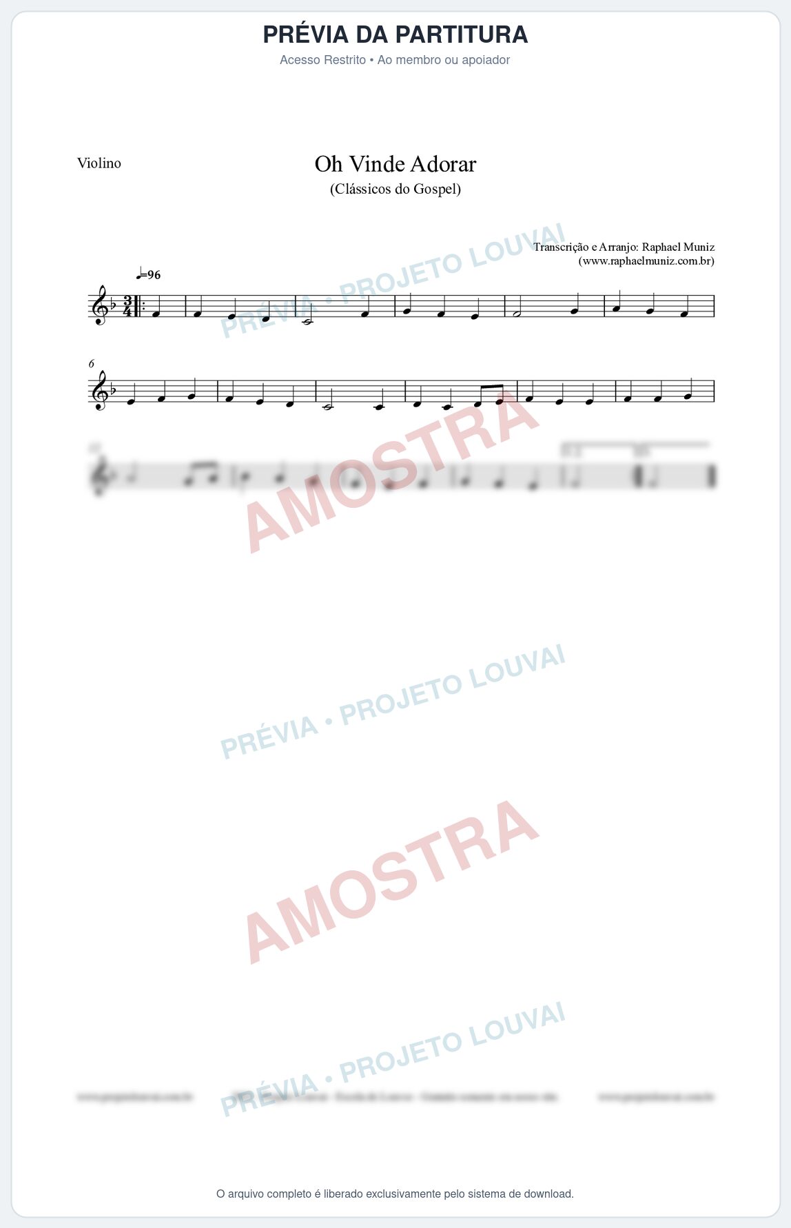 Prévia protegida da primeira página da partitura Partitura para Violino - Oh Vinde Adorar - HCC nº1 - Clássicos do Gospel