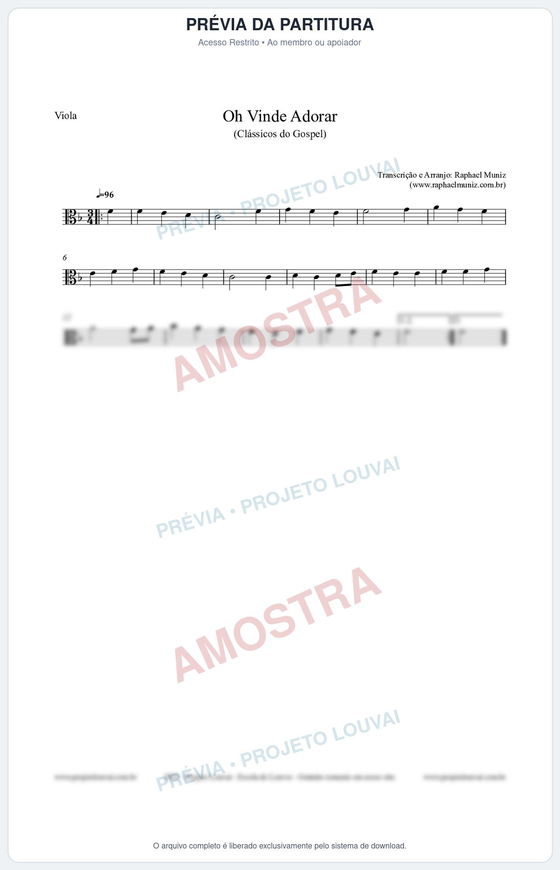 Prévia protegida da primeira página da partitura Partitura para Viola - Oh Vinde Adorar - HCC nº1 - Clássicos do Gospel