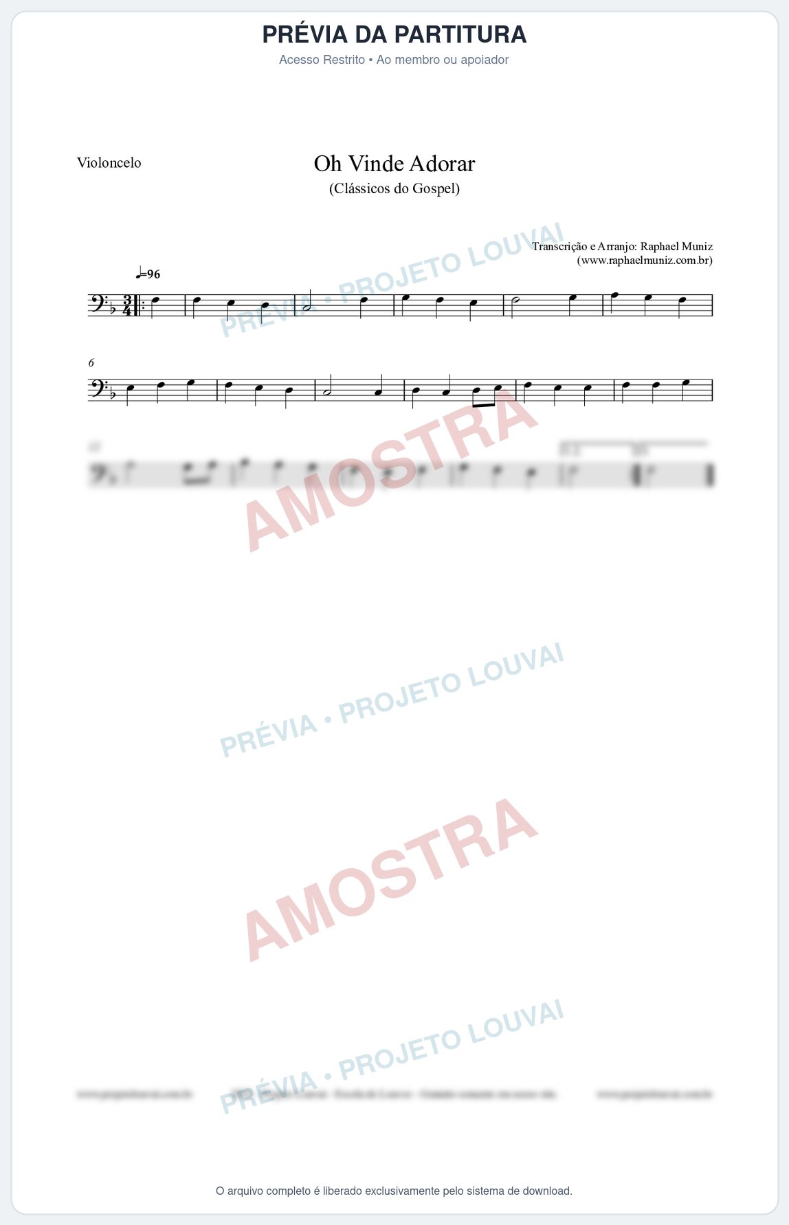 Prévia protegida da primeira página da partitura Partitura para Violoncelo - Oh Vinde Adorar - HCC nº1 - Clássicos do Gospel