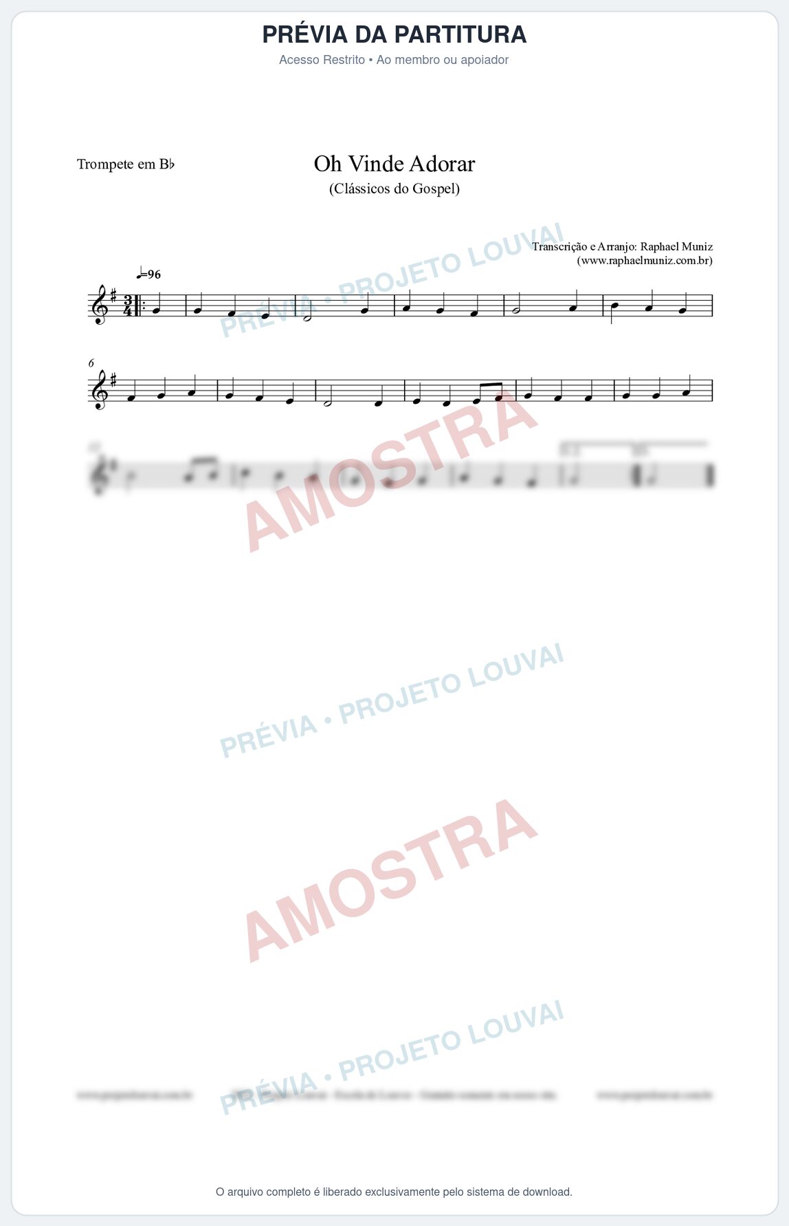 Prévia protegida da primeira página da partitura Partitura para Trompete em Bb - Oh Vinde Adorar - HCC nº1 - Clássicos do Gospel