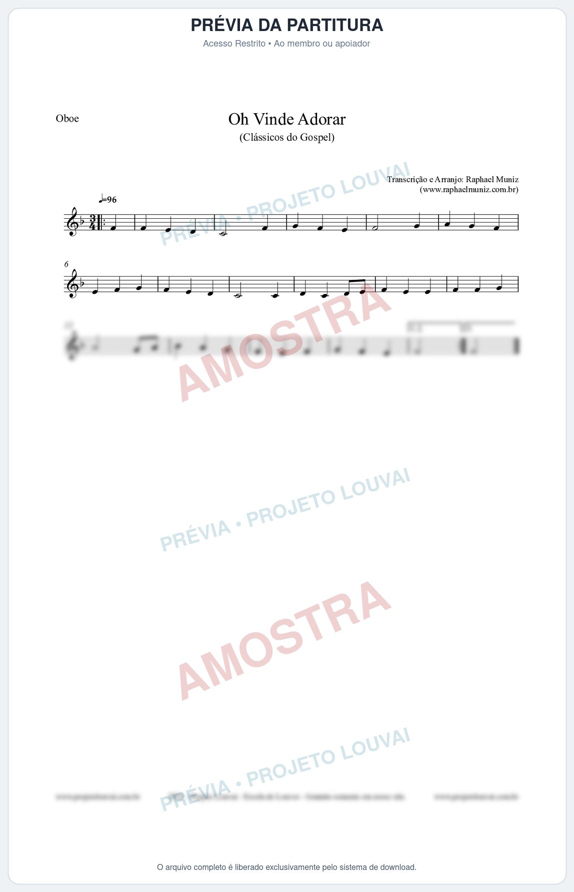Prévia protegida da primeira página da partitura Partitura para Oboé - Oh Vinde Adorar - HCC nº1 - Clássicos do Gospel