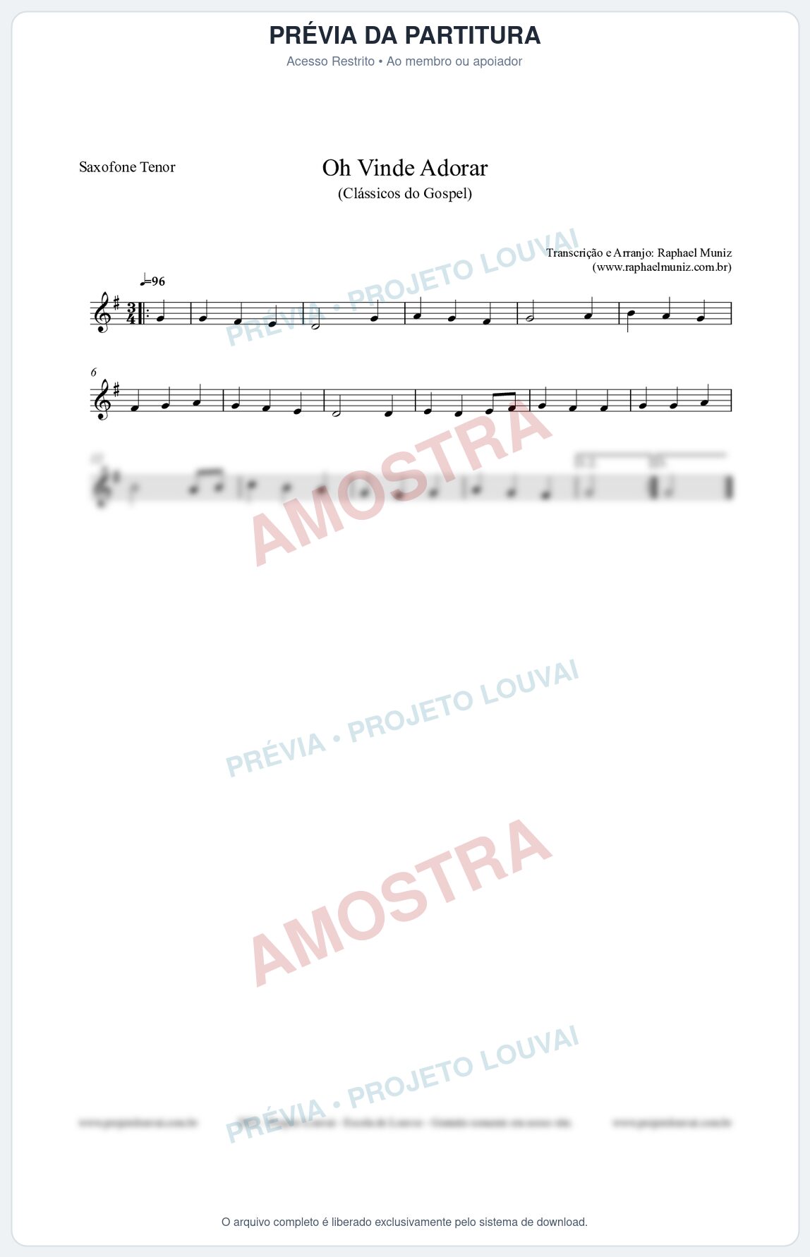 Prévia protegida da primeira página da partitura Partitura para Saxofone Tenor - Oh Vinde Adorar - HCC nº1 - Clássicos do Gospel