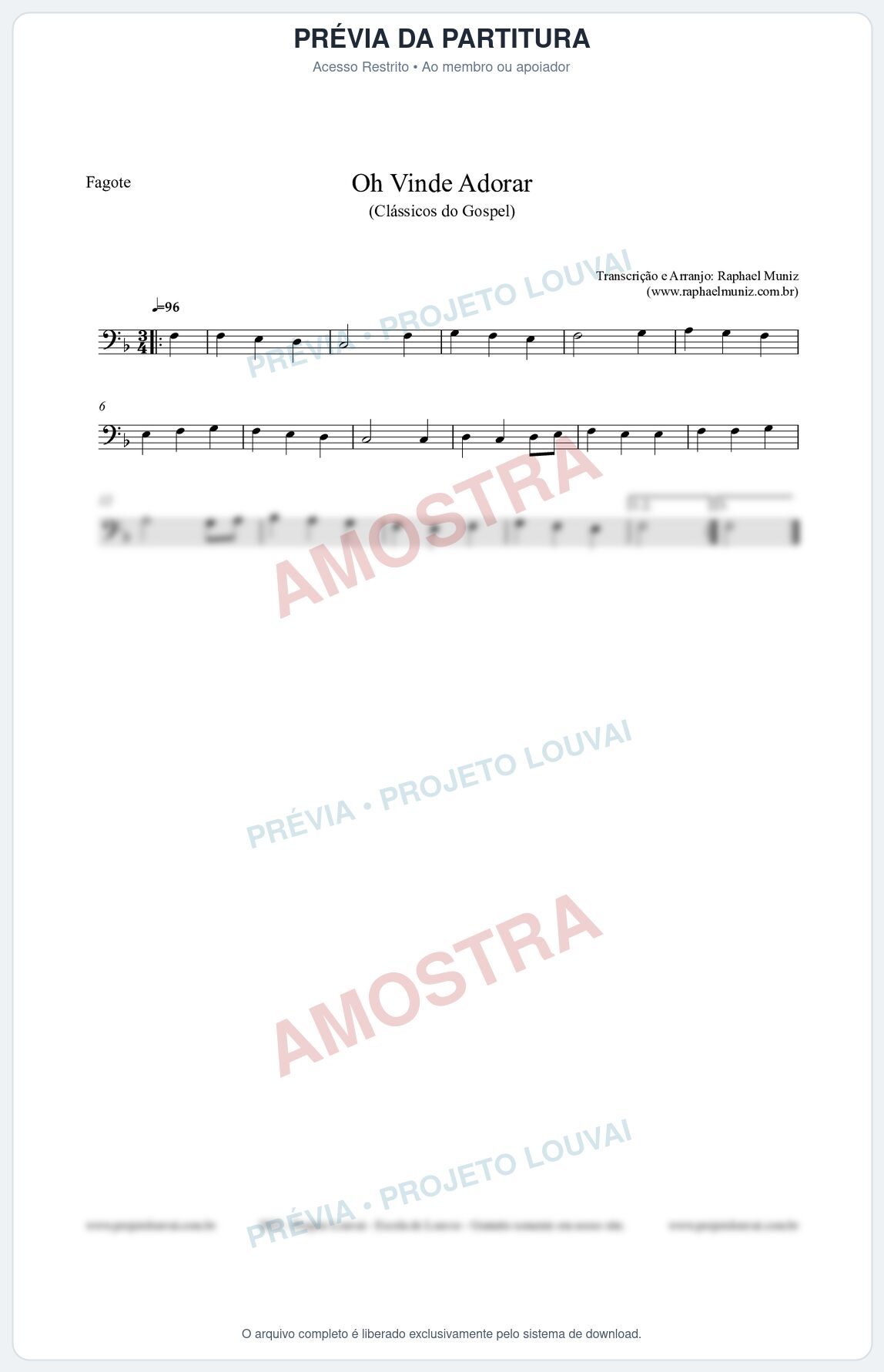 Prévia protegida da primeira página da partitura Partitura para Fagote - Oh Vinde Adorar - HCC nº1 - Clássicos do Gospel