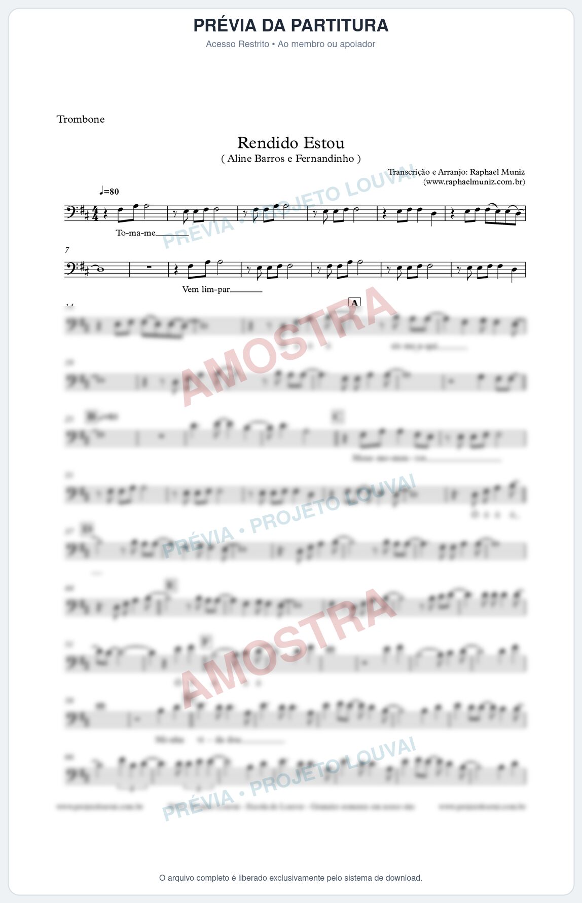 Prévia protegida da primeira página da partitura Partitura para Trombone - Rendido Estou - Aline Barros e Fernandinho