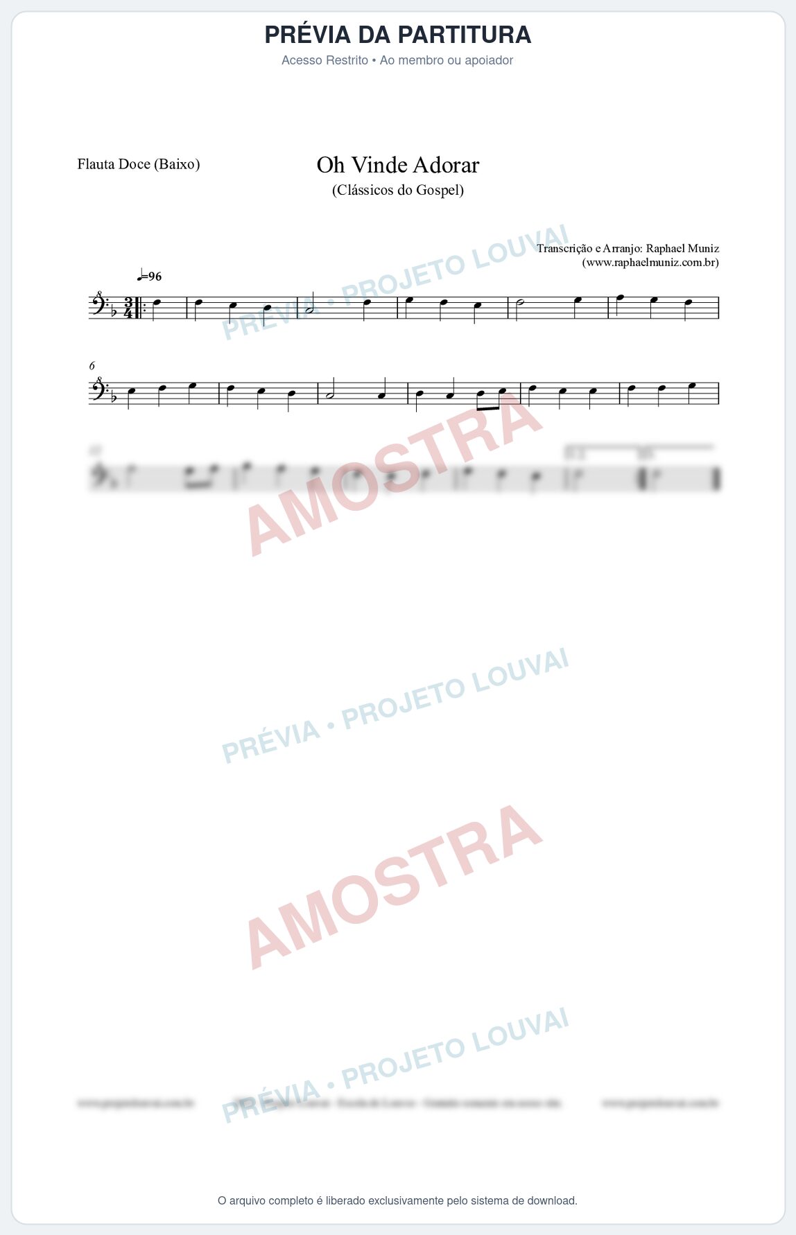 Prévia protegida da primeira página da partitura Partitura para Flauta Doce (Baixo) - Oh Vinde Adorar - HCC nº1 - Clássicos do Gospel