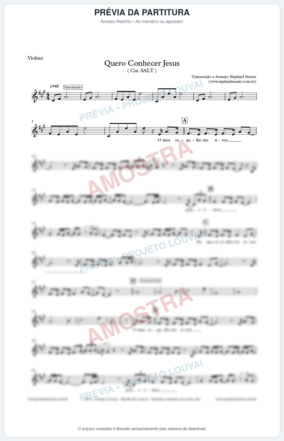 Prévia protegida da primeira página da partitura Partitura para Violino - Quero Conhecer Jesus - Cia. SALT