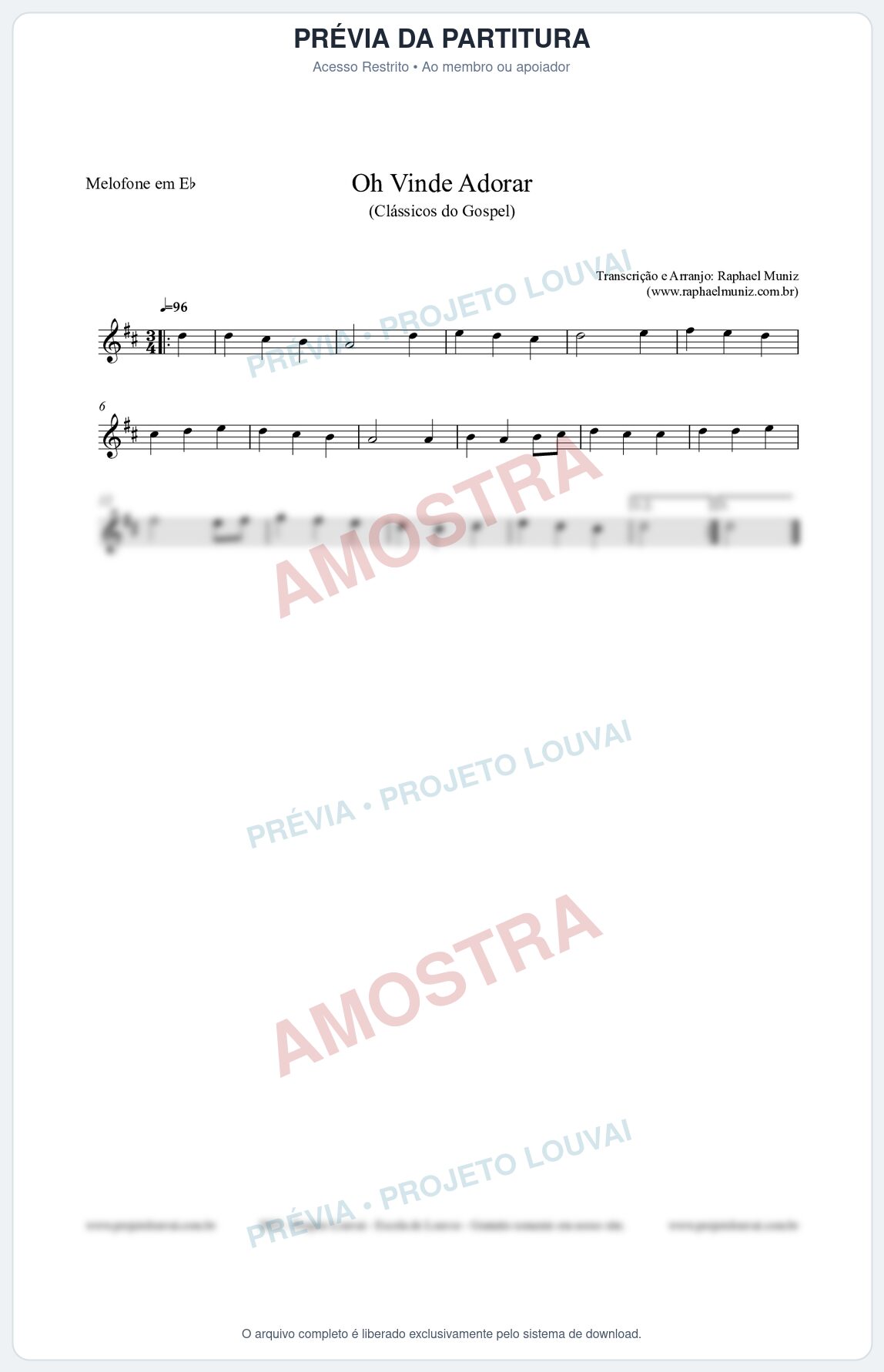 Prévia protegida da primeira página da partitura Partitura para Melofone em Eb - Oh Vinde Adorar - HCC nº1 - Clássicos do Gospel