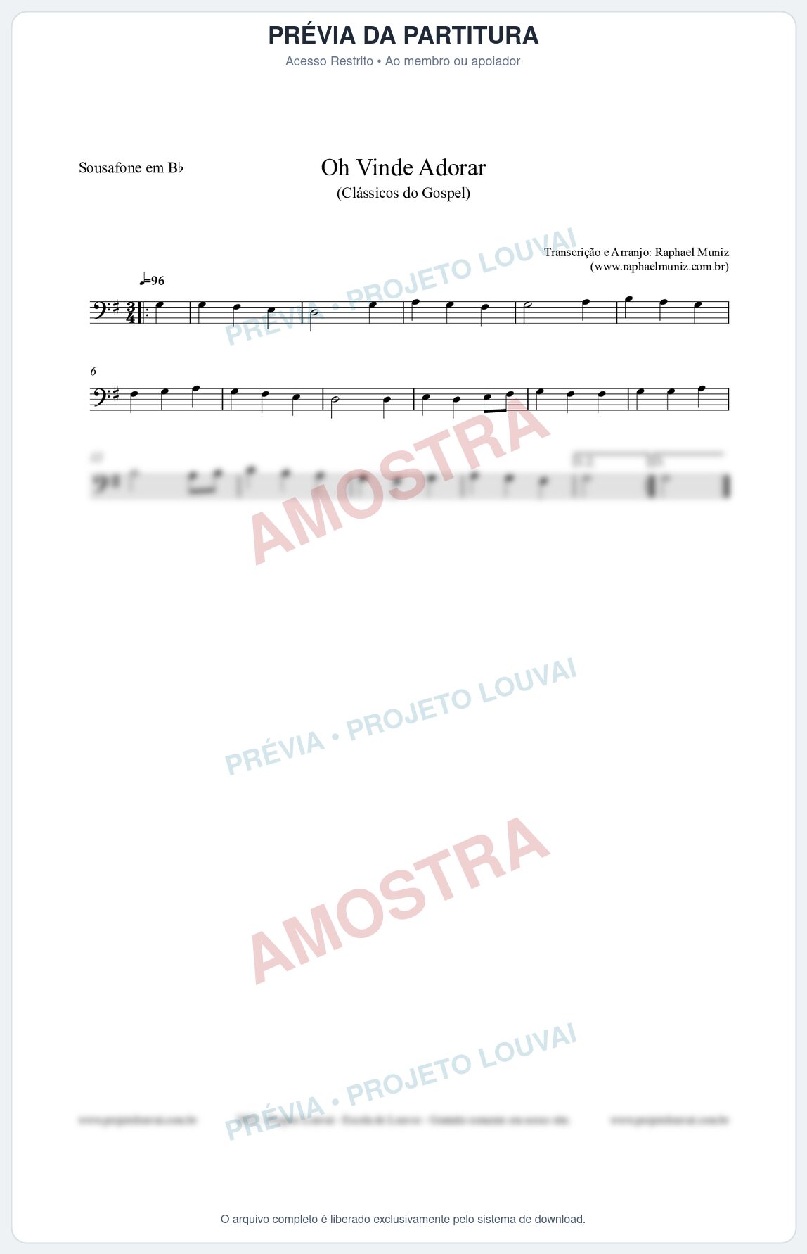 Prévia protegida da primeira página da partitura Partitura para Sousafone em Bb - Oh Vinde Adorar - HCC nº1 - Clássicos do Gospel