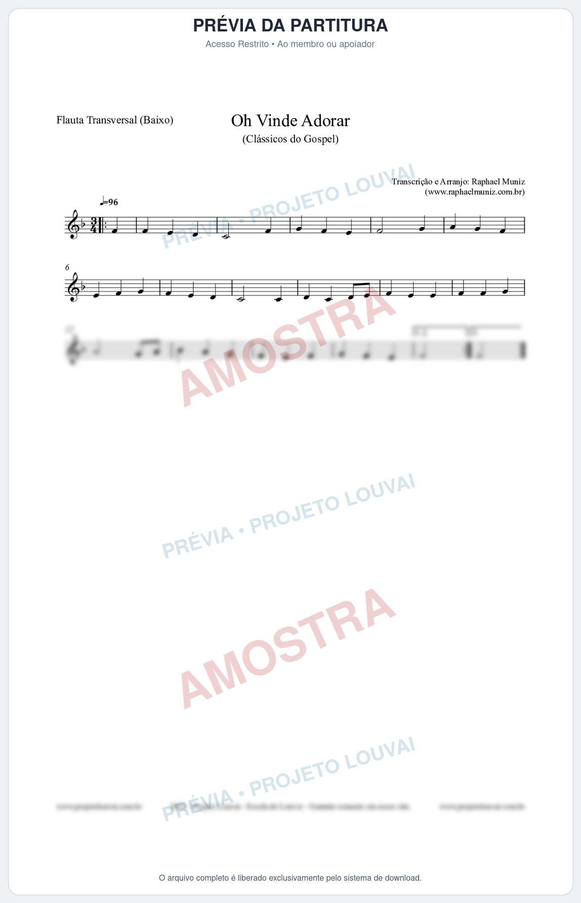 Prévia protegida da primeira página da partitura Partitura para Flauta Transversal (Baixo) - Oh Vinde Adorar - HCC nº1 - Clássicos do Gospel