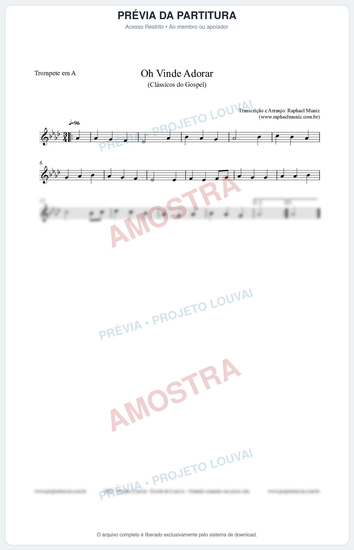 Prévia protegida da primeira página da partitura Partitura para Trompete em A - Oh Vinde Adorar - HCC nº1 - Clássicos do Gospel