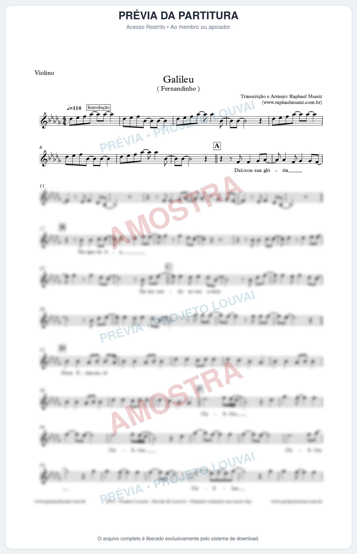 Prévia protegida da primeira página da partitura Partitura para Violino - Galileu - Fernandinho