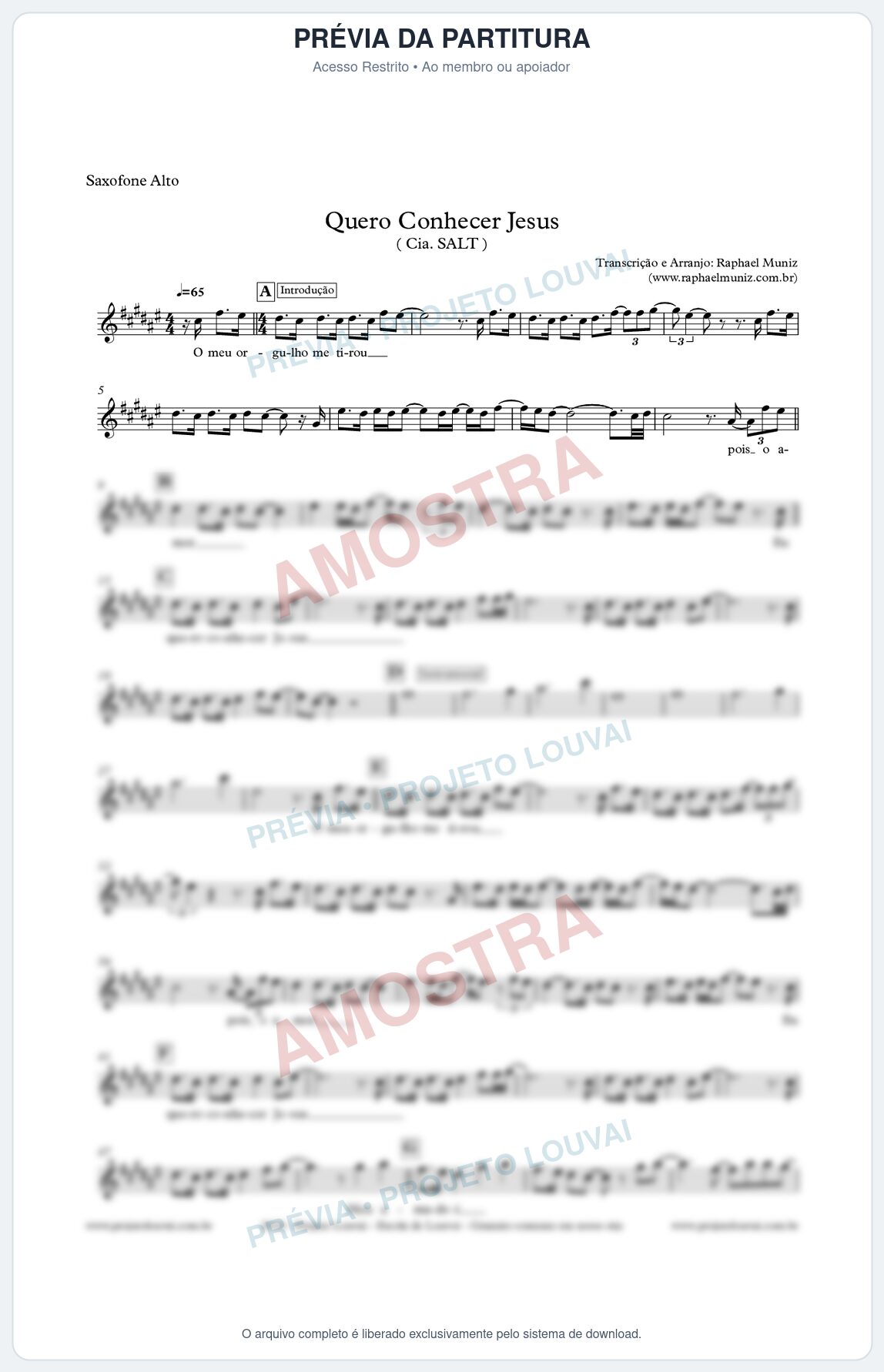 Prévia protegida da primeira página da partitura Partitura para Sax Alto - Quero Conhecer Jesus - Cia. SALT