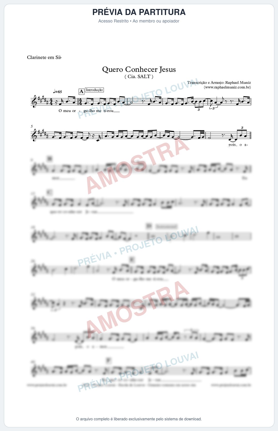 Prévia protegida da primeira página da partitura Partitura para Clarinete - Quero Conhecer Jesus - Cia. SALT