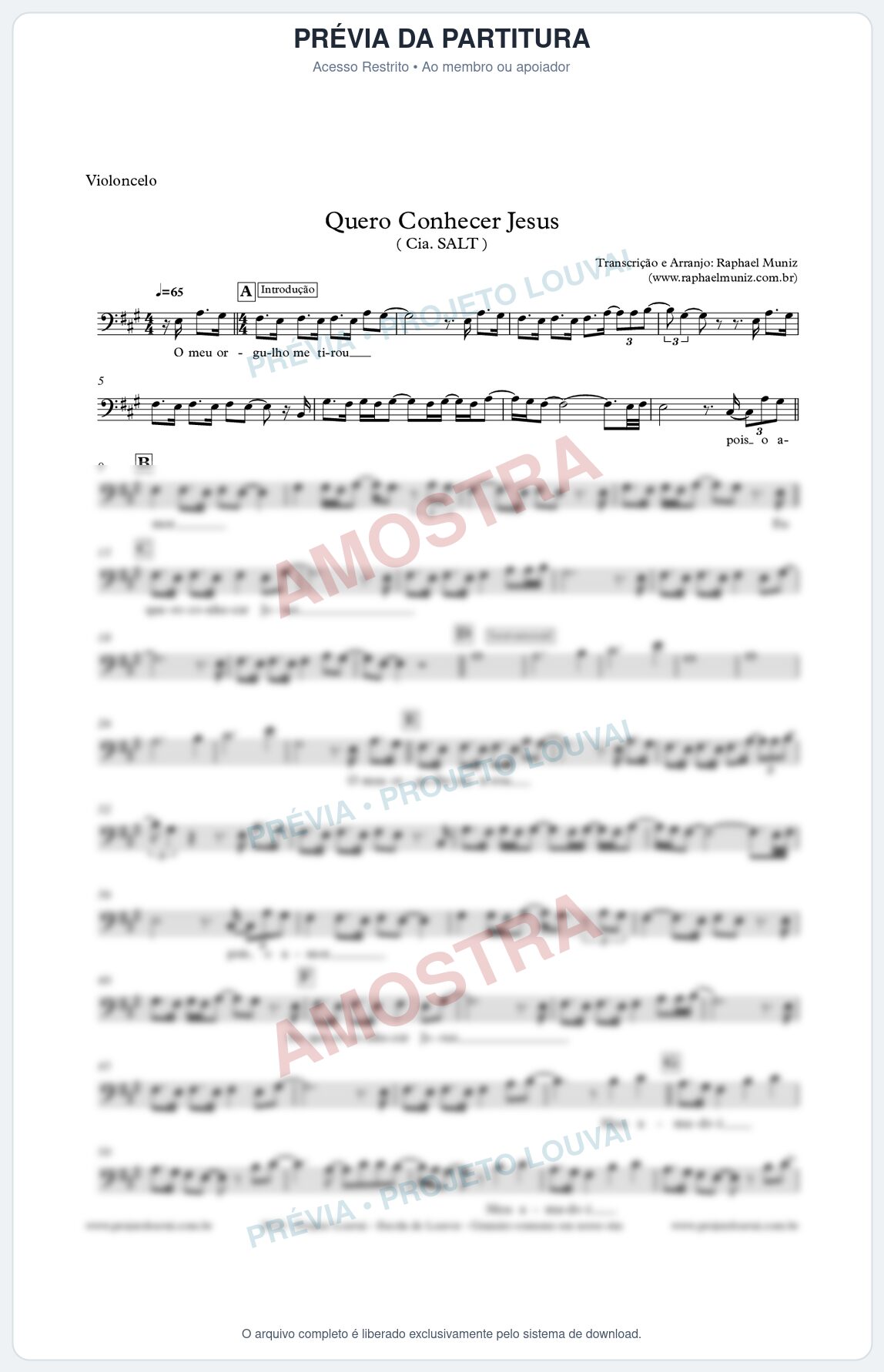 Prévia protegida da primeira página da partitura Partitura para Violoncelo - Quero Conhecer Jesus - Cia. SALT