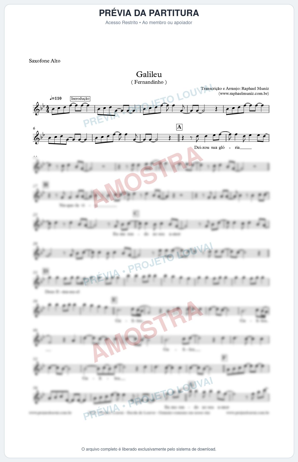 Prévia protegida da primeira página da partitura Partitura para Sax Alto - Galileu - Fernandinho