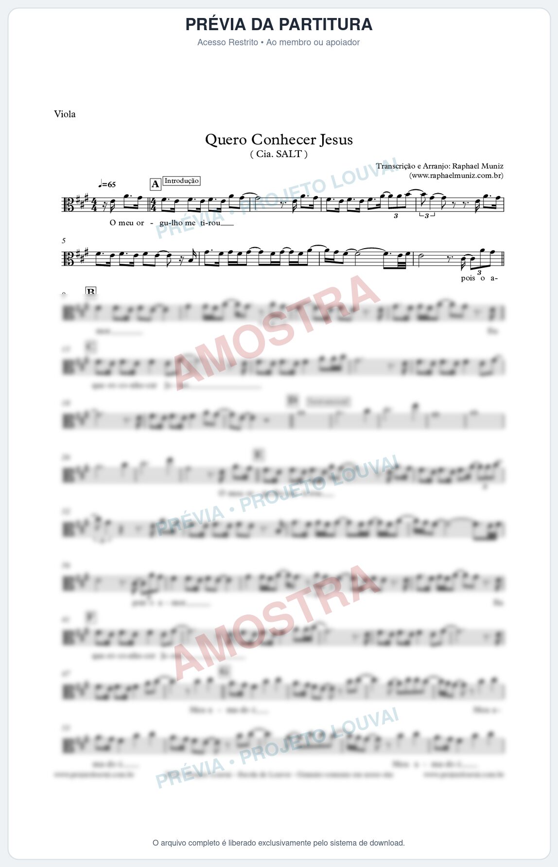 Prévia protegida da primeira página da partitura Partitura para Viola - Quero Conhecer Jesus - Cia. SALT