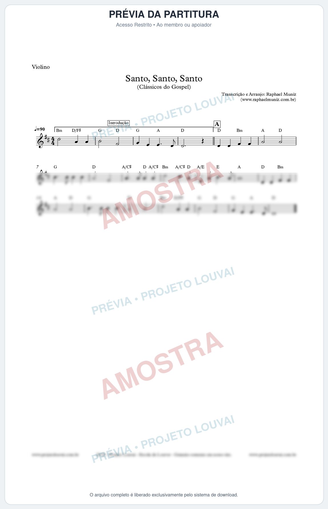 Prévia protegida da primeira página da partitura Partitura para Violino - Santo, Santo, Santo - Clássicos do Gospel