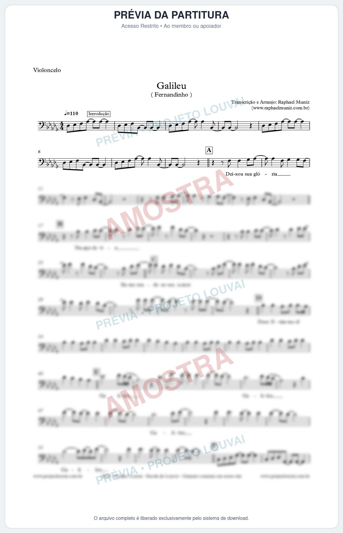 Prévia protegida da primeira página da partitura Partitura para Violoncelo - Galileu - Fernandinho