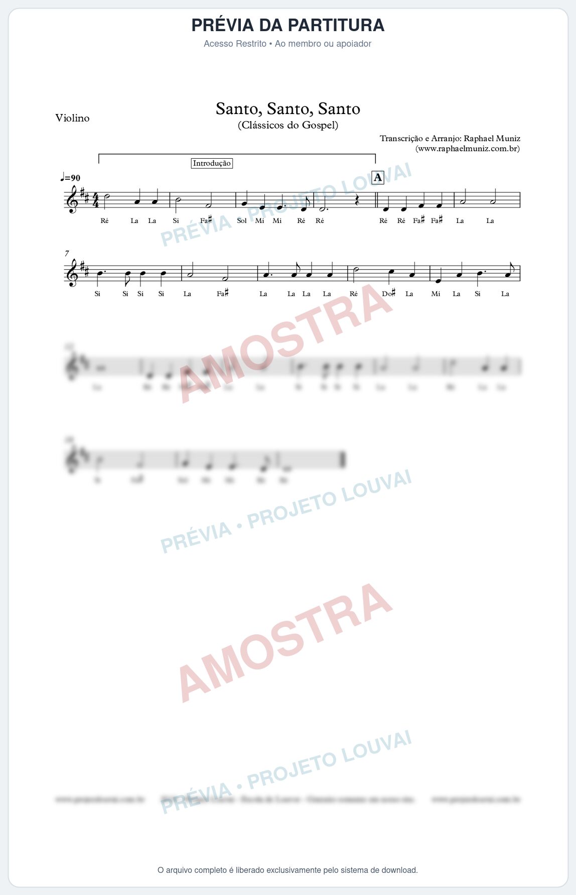 Prévia protegida da primeira página da partitura Partitura | Cifra Melódica para Violino - Santo, Santo, Santo - Clássicos do Gospel