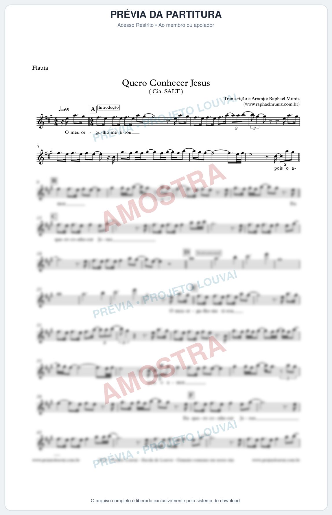 Prévia protegida da primeira página da partitura Partitura para Flauta Transversal - Quero Conhecer Jesus - Cia. SALT