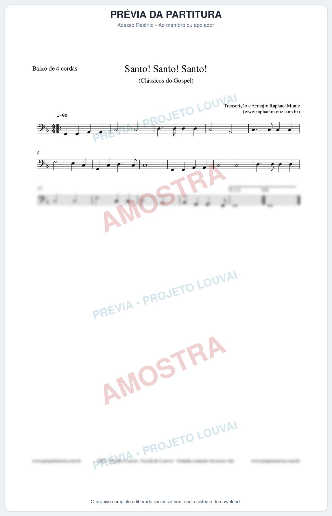 Prévia protegida da primeira página da partitura Partitura para Baixo de 4 cordas - Santo! Santo! Santo! - HCC nº2 - Clássicos do Gospel