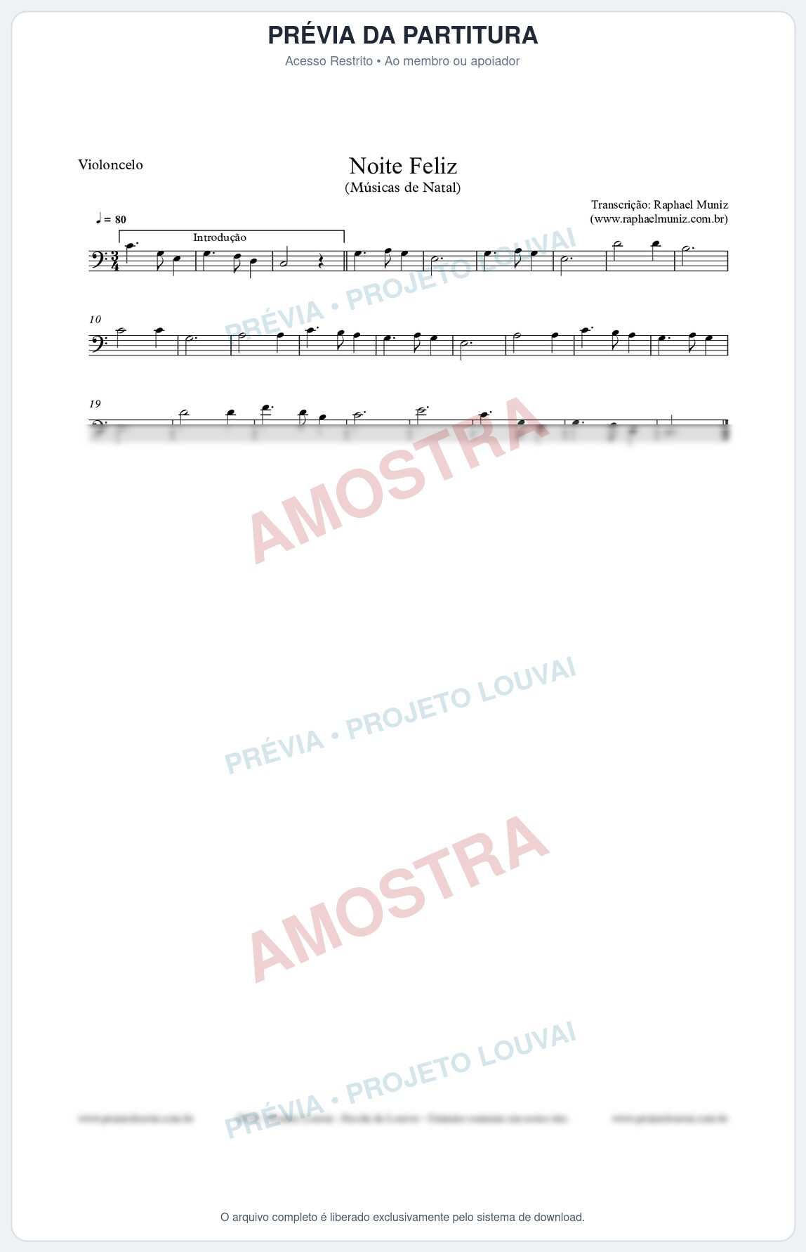 Prévia protegida da primeira página da partitura Partitura para Violoncelo - Noite Feliz - Músicas de Natal