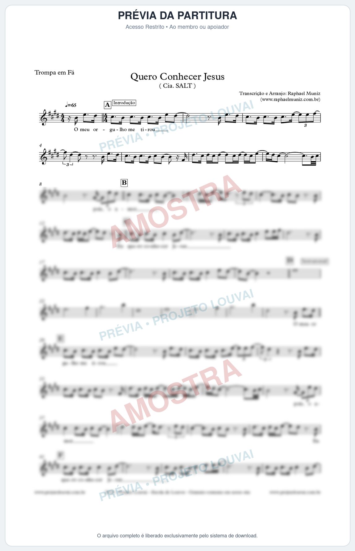 Prévia protegida da primeira página da partitura Partitura para Trompa em Fá - Quero Conhecer Jesus - Músicas de Natal