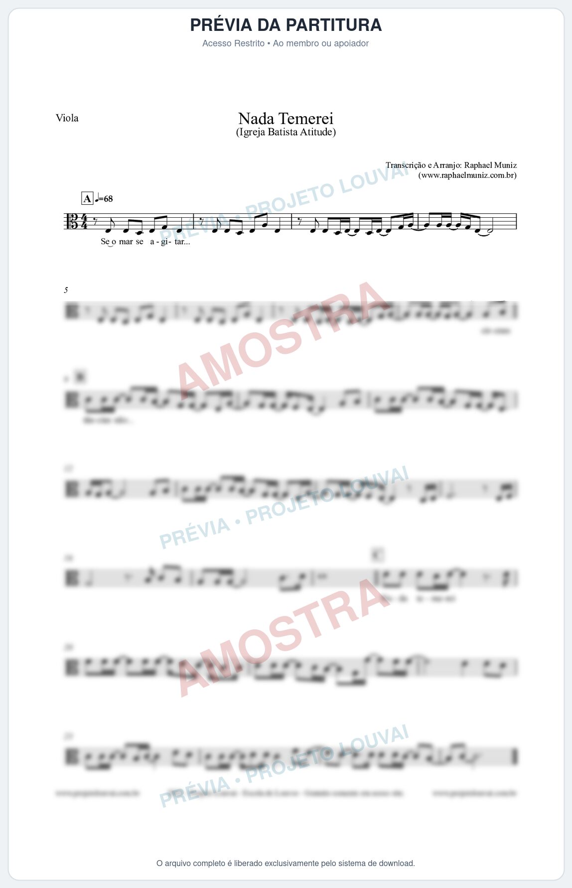 Prévia protegida da primeira página da partitura Partitura para Viola - Nada Temerei - Igreja Batista Atitude