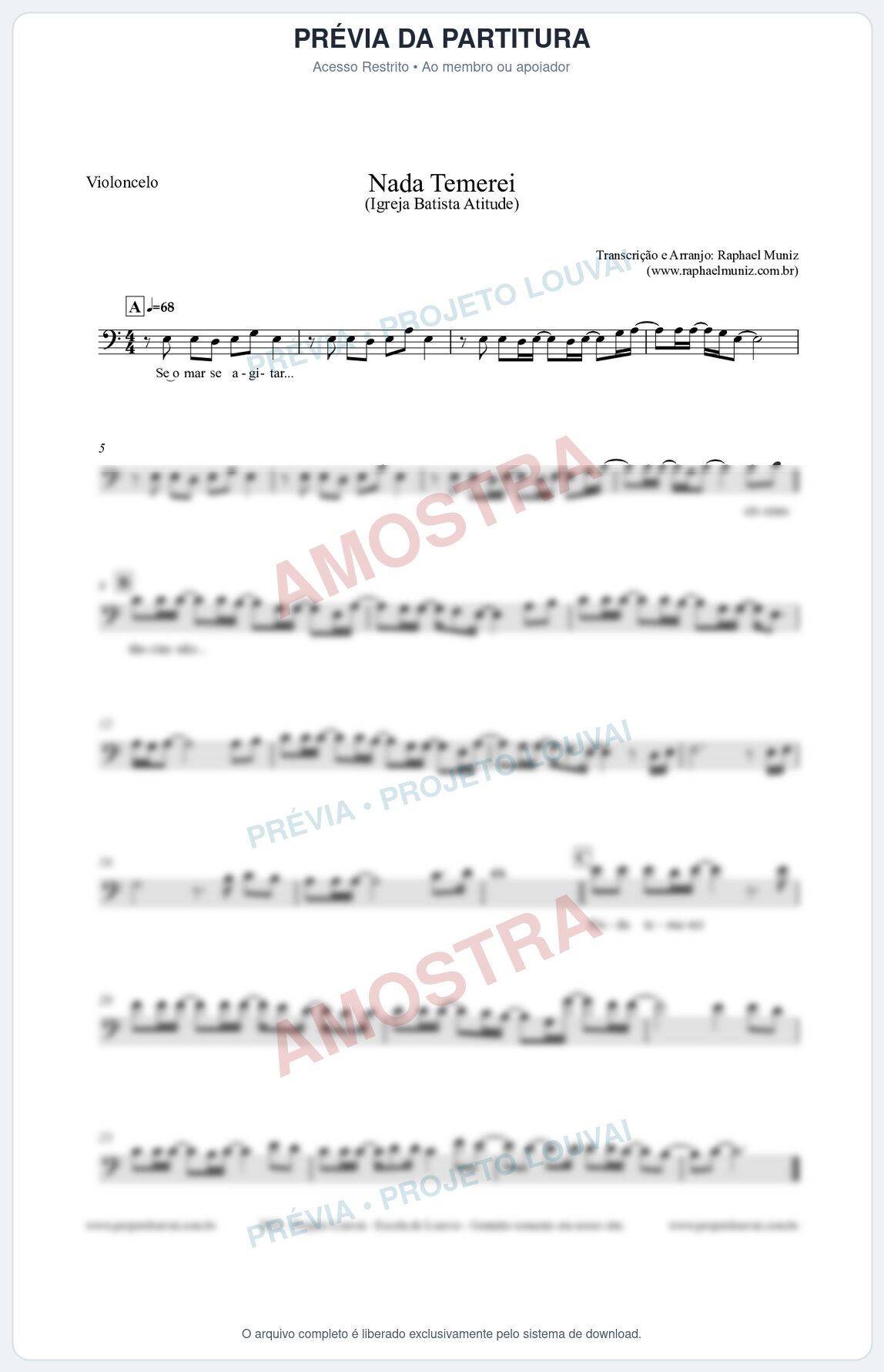 Prévia protegida da primeira página da partitura Partitura para Violoncelo - Nada Temerei - Igreja Batista Atitude