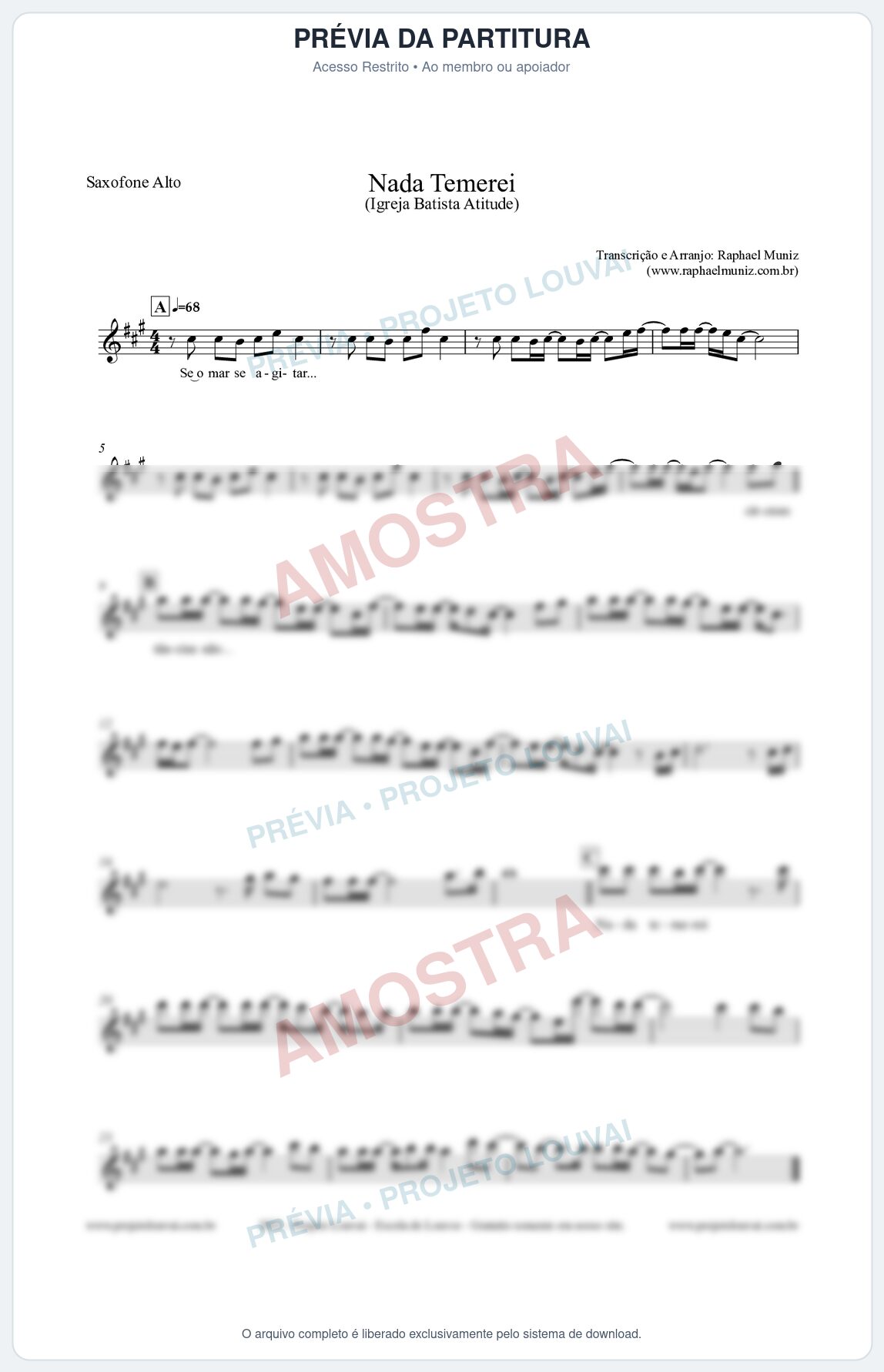 Prévia protegida da primeira página da partitura Partitura para Saxofone Alto - Nada Temerei - Igreja Batista Atitude