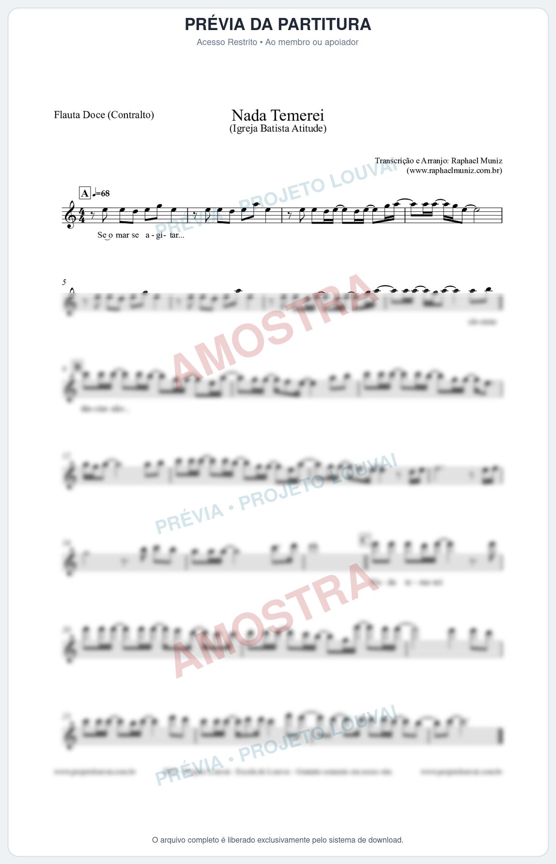 Prévia protegida da primeira página da partitura Partitura para Flauta Doce (Contralto) - Nada Temerei - Igreja Batista Atitude