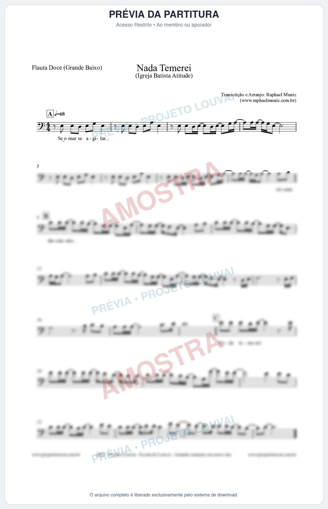 Prévia protegida da primeira página da partitura Partitura para Flauta Doce (Grande Baixo) - Nada Temerei - Igreja Batista Atitude