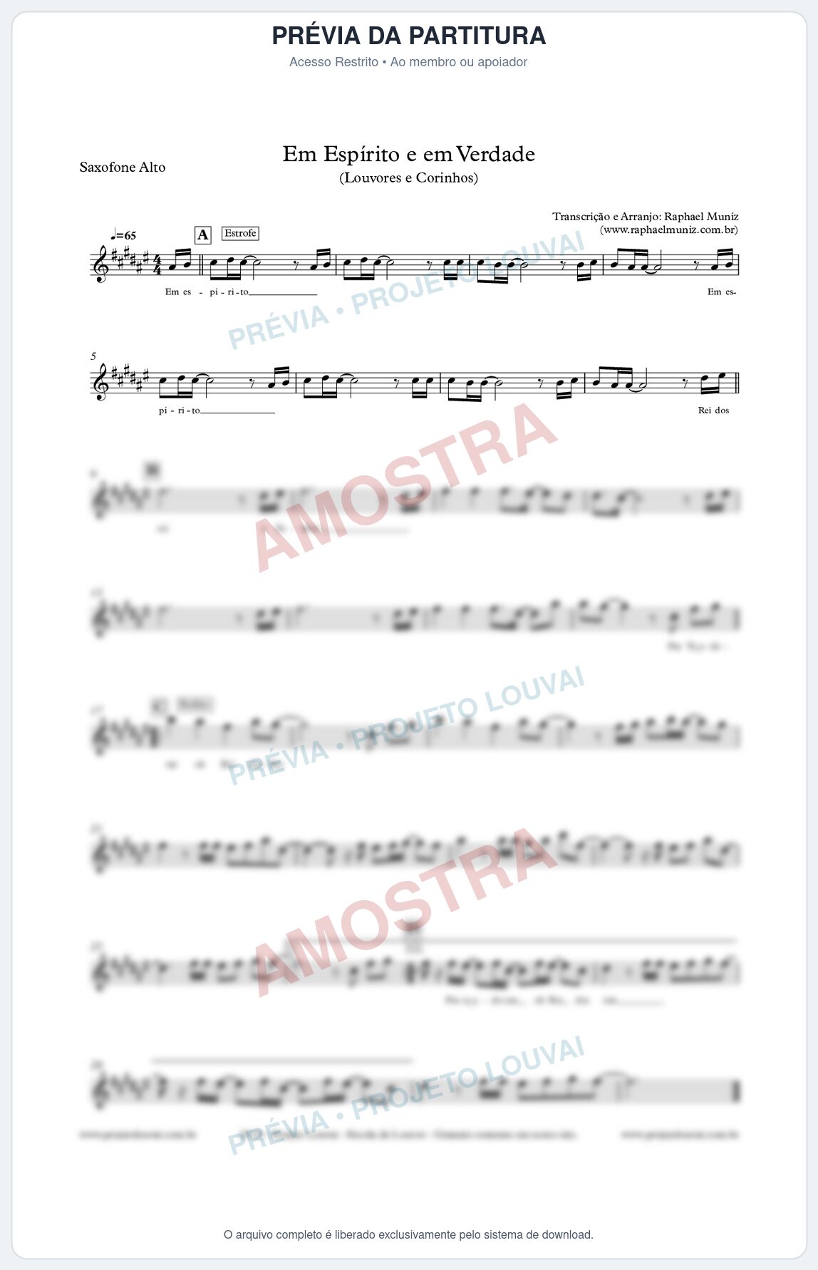 Prévia protegida da primeira página da partitura Partitura para Sax Alto - Em Espírito e em Verdade - Louvores e Corinhos Gospel