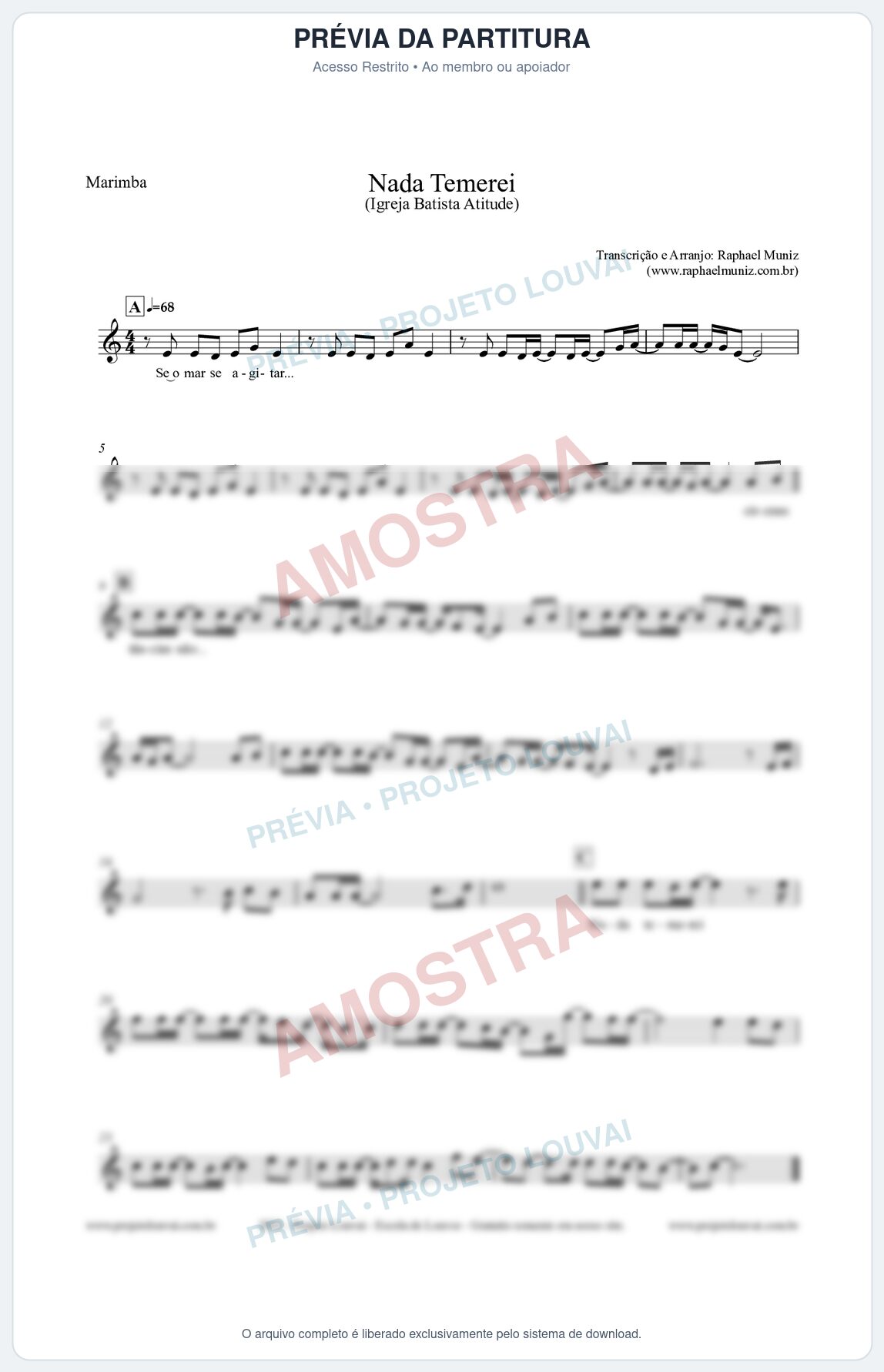 Prévia protegida da primeira página da partitura Partitura para Marimba - Nada Temerei - Igreja Batista Atitude