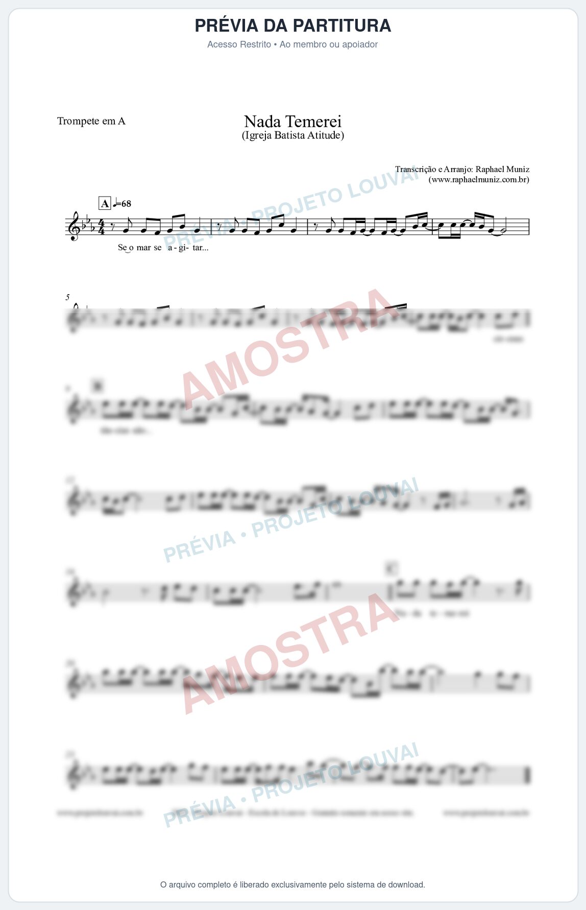 Prévia protegida da primeira página da partitura Partitura para Trompete em A - Nada Temerei - Igreja Batista Atitude
