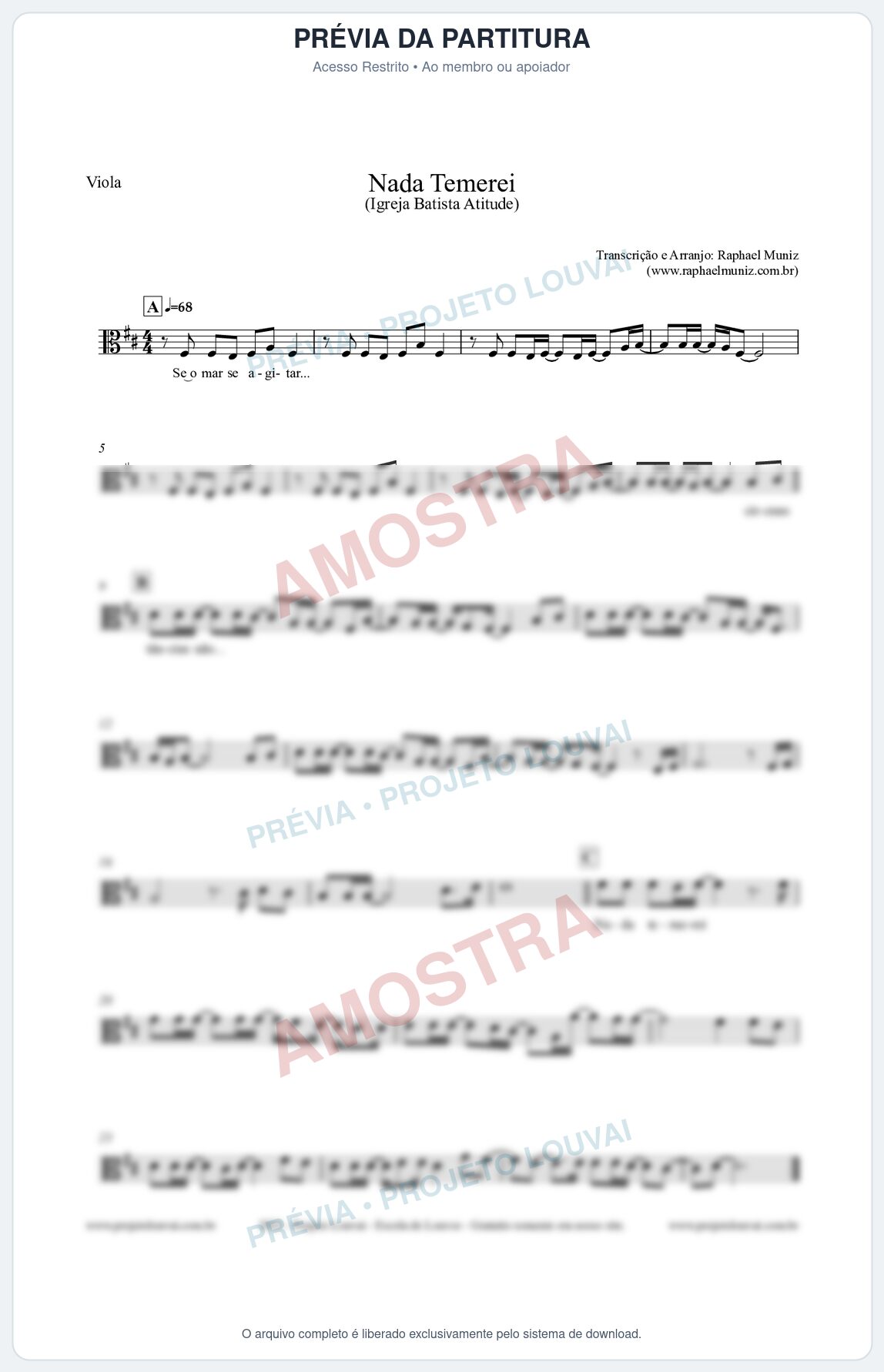Prévia protegida da primeira página da partitura Partitura para Viola - Nada Temerei - Igreja Batista Atitude